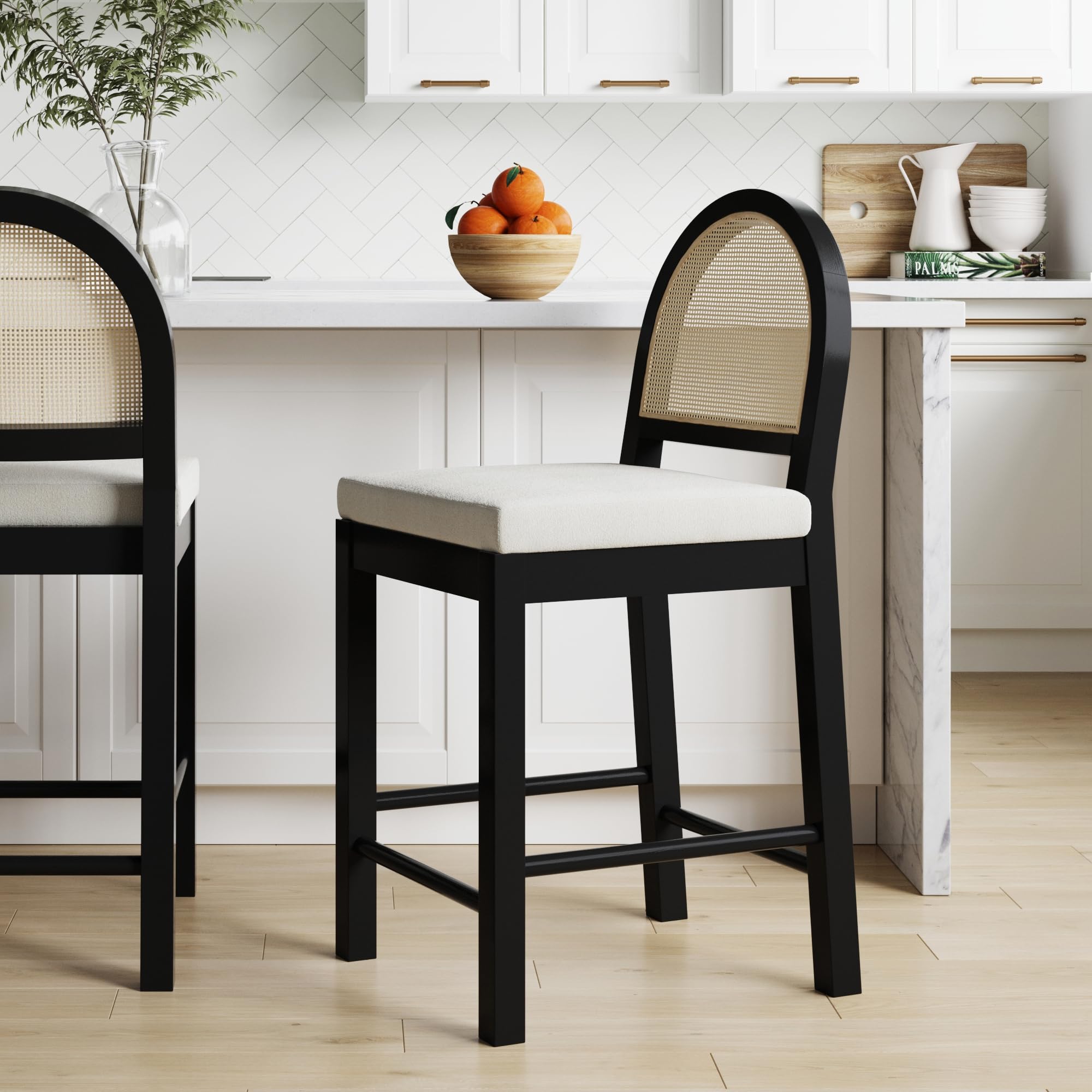 Nathan James Bailey Boucle Upholstered Rattan Bar Stool, Counter Height Stool with Natural Rattan Woven Back For Kitchen Island,