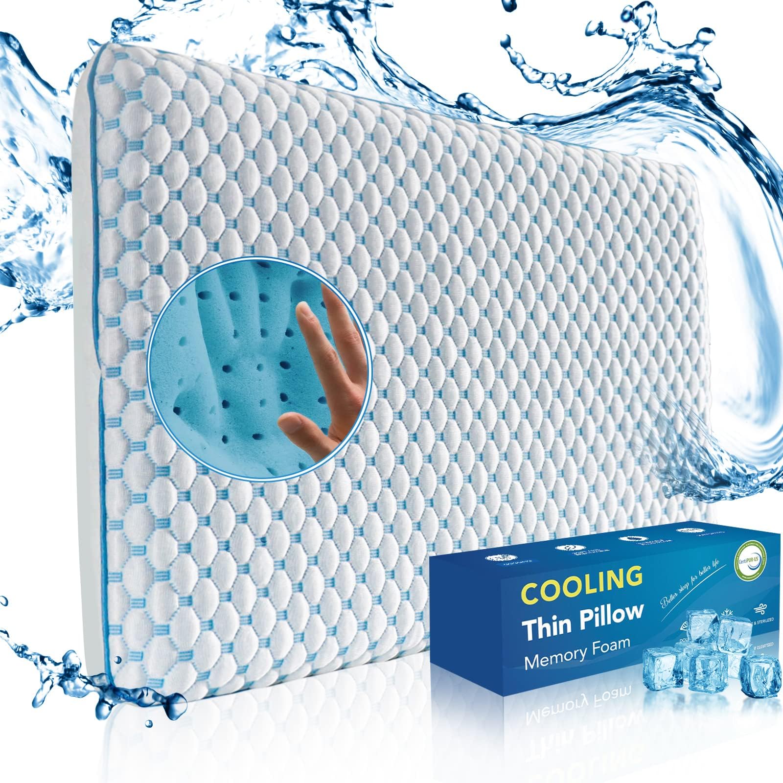 Ultra Thin Pillow for Sleeping- Cooling Gel Flat Pillow for Stomach and Back Sleepers, Slim Stomach Sleeping Pillow for Shoulder