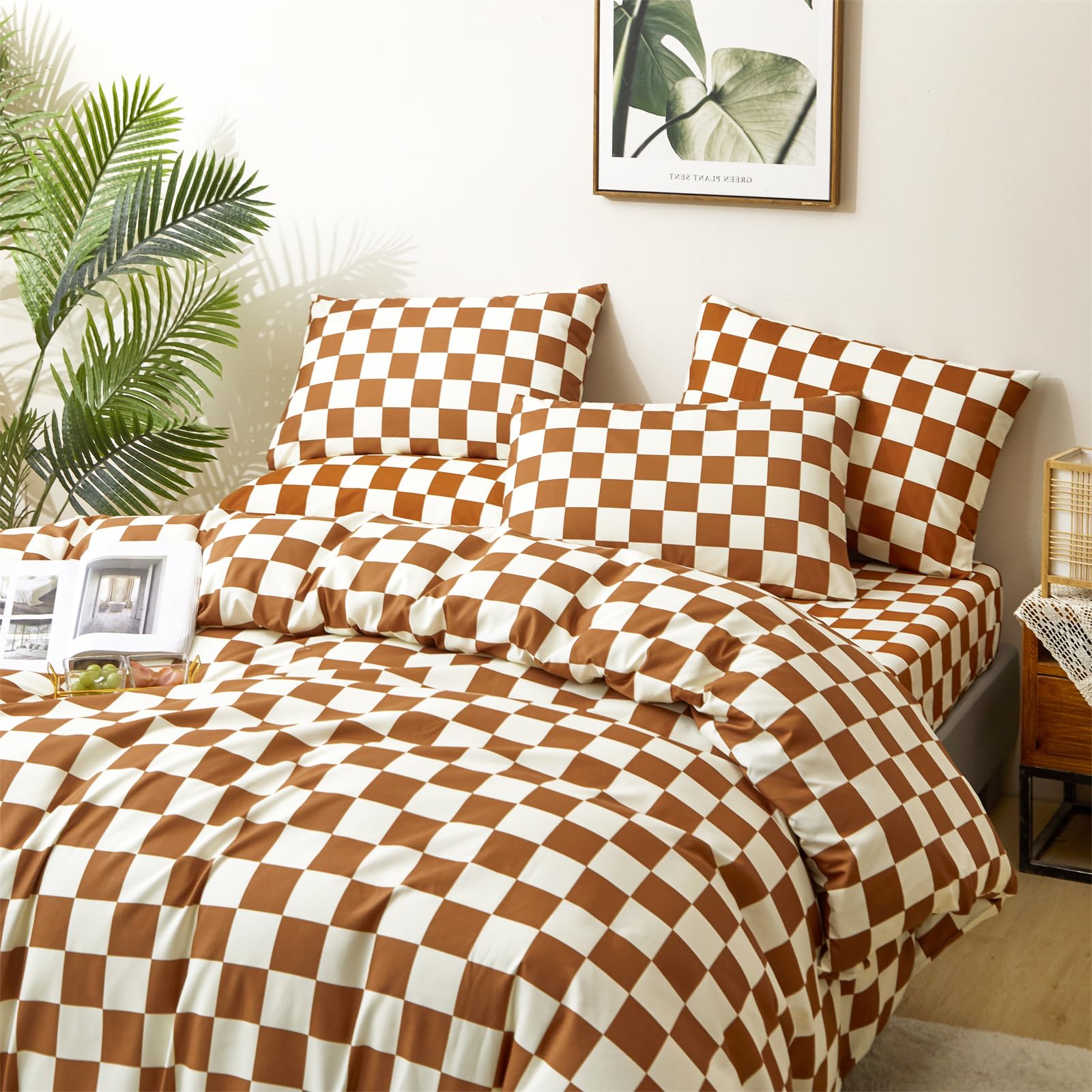 Clothknow Brown Beige Plaid Comforter Set Full 3Pcs Pumpkin Grid Bedding Comforter Sets Rust Comforter Full Size Soft Caramel Ch