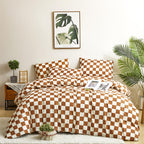 CLOTHKNOW Brown Beige Grid Comforter Set Queen 3Pcs Pumpkin Plaid Bedding Comforter Sets Caramel Queen Comforter Checker Queen S