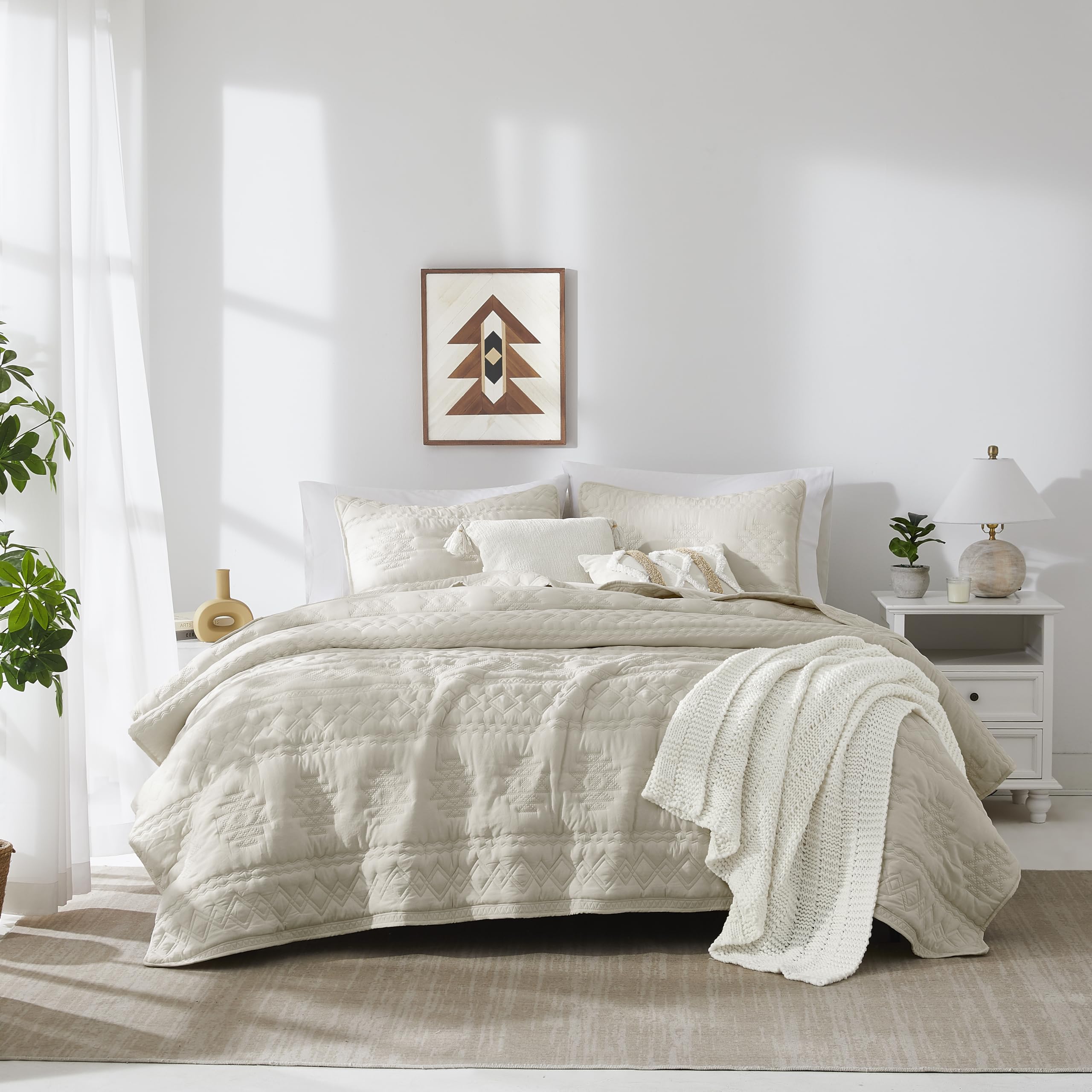 Wdcozy Beige Boho Oversized California Cal King Size Quilt Bedding Set With 2 Pillow Shams, Farmhouse Lightweight Soft Bedspread