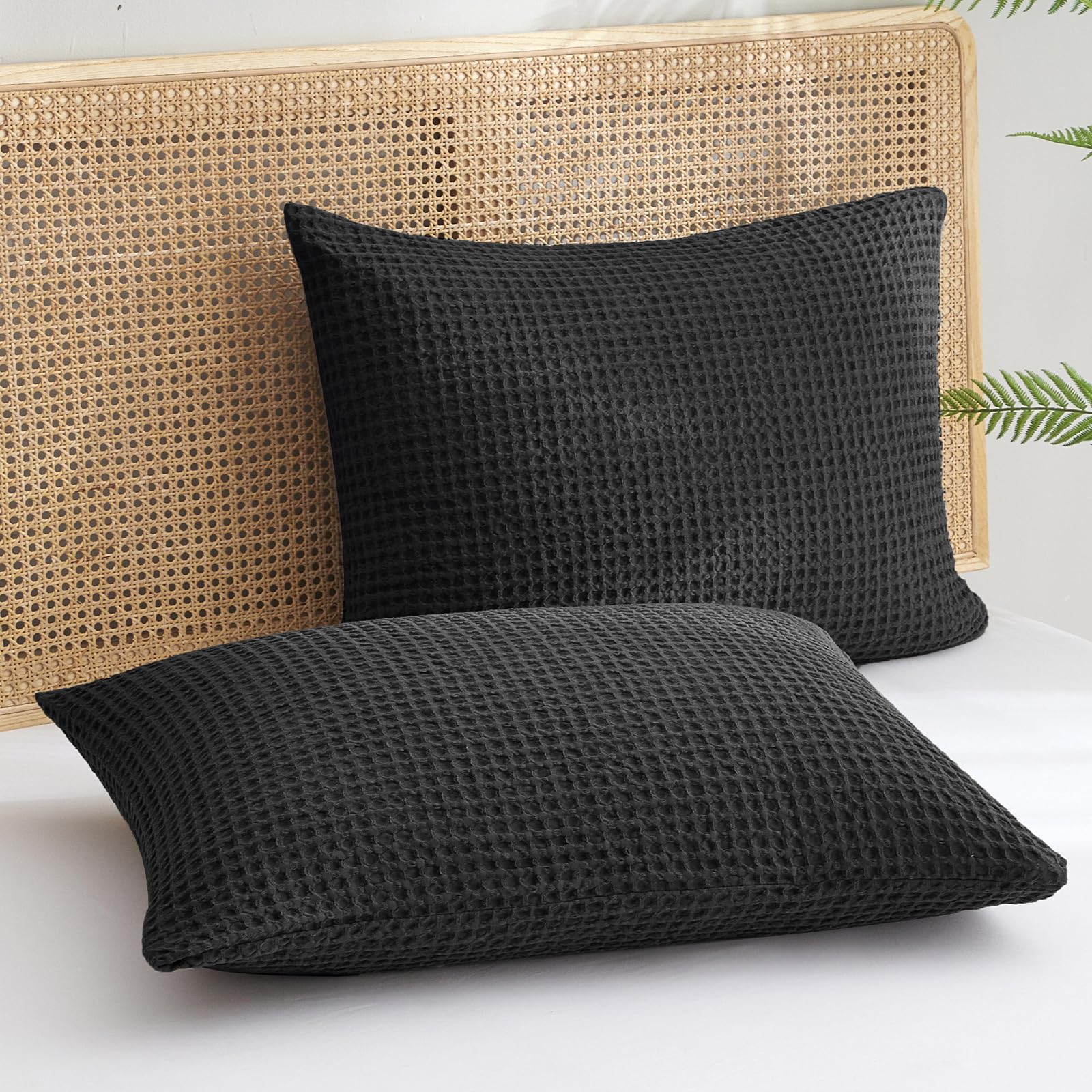 Phf Ultra Soft Waffle Weave Pillowcases Standard Size 20' X 26' 2 Pack, No Insert, Breathable Skin-Friendly Pillow Shams, Decorative Waffle Weave Pillow Case Covers, Black