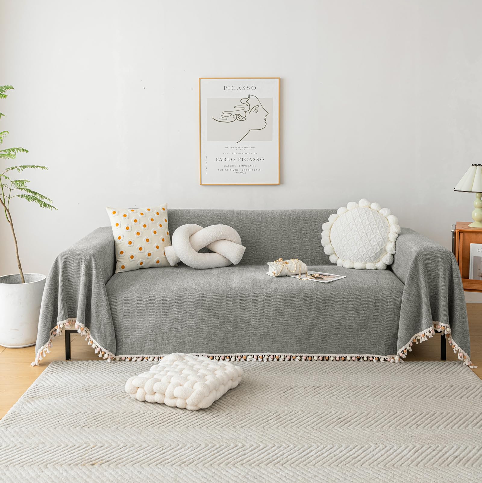 Handontime Couch Slipcovers For Sofas Dark Grey Couch Cover Sofa Cover For Dogs Boho Pet Couch Protector With Tassel Couch Throw Cover Chenille Herringbone Couch Cover Sofa 3 Seat Cover, 91' X150'