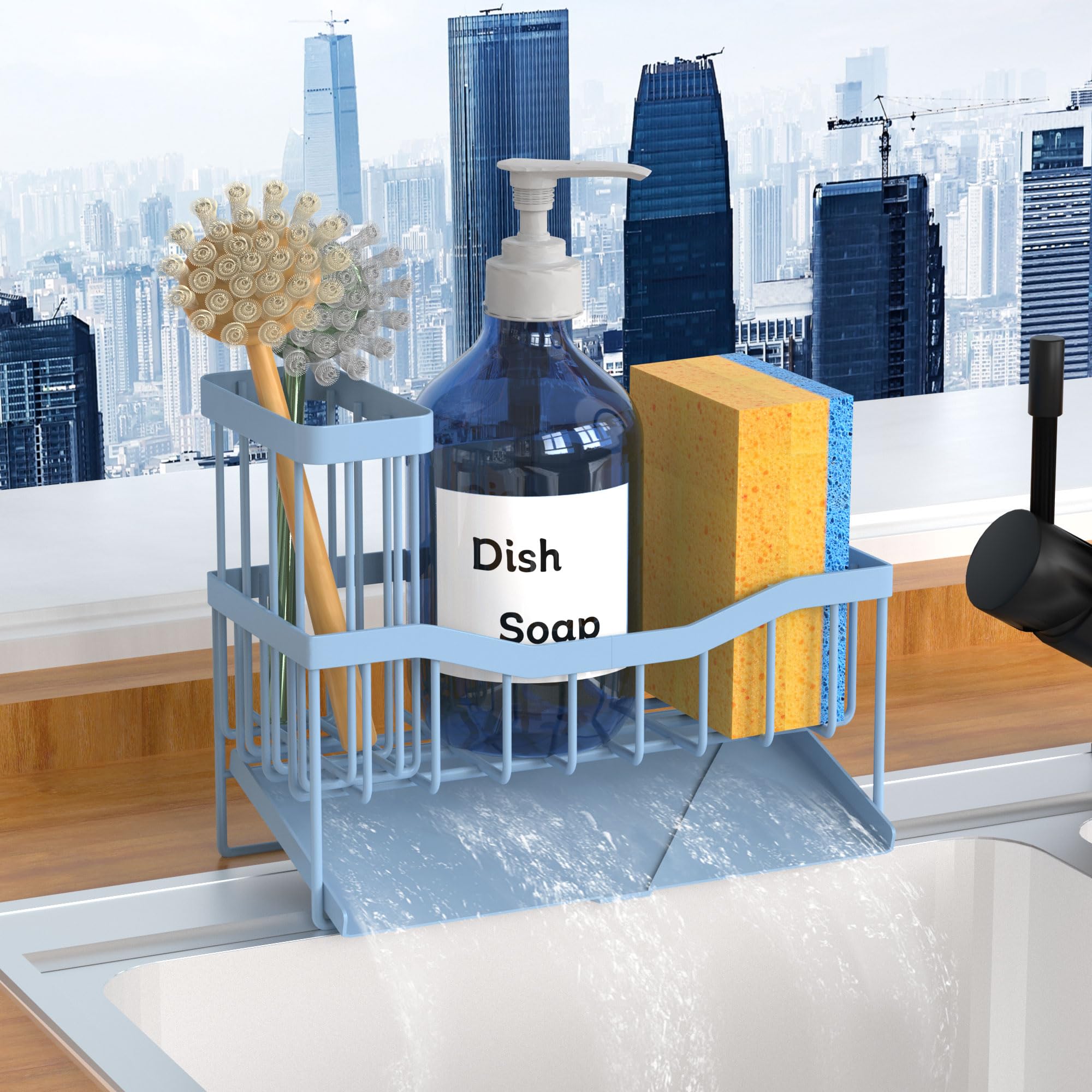 Fssvcd Maifan Sink Caddy Sponge Holder for Kitchen with Brush Holder and Stainless Steel Self Drain Tray, Rustproof Kitchen Sink