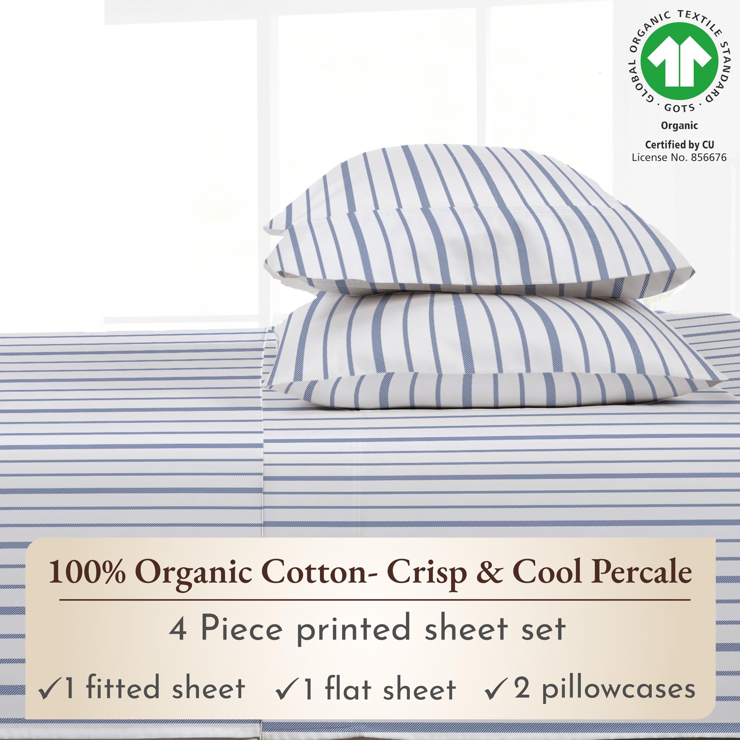 California Design Den Full Sheet Set Stripe, 100% Organic Cotton Percale Sheets, Deep Pocket Full Sheets & Pillowcase Set - Blue Stripe
