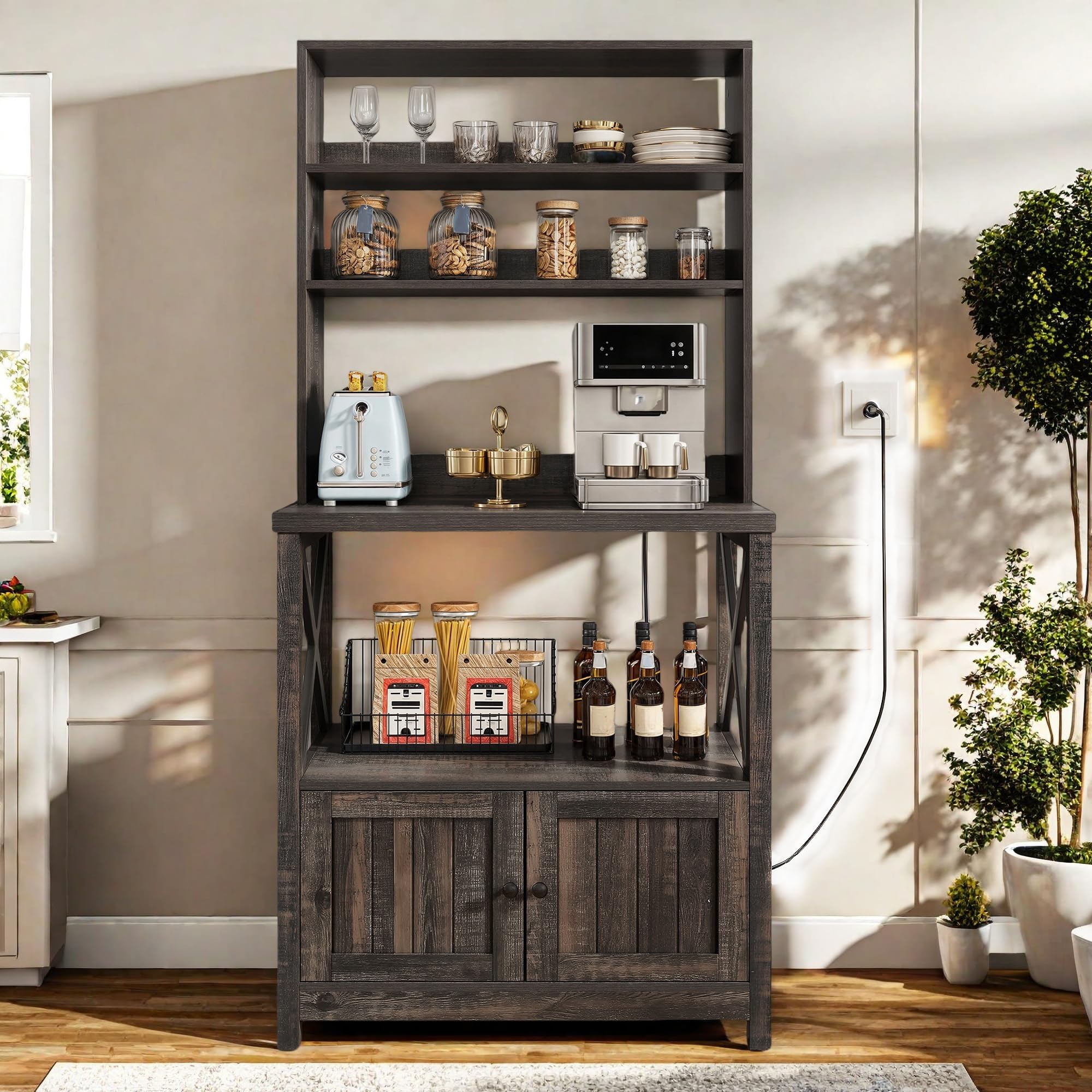 YITAHOME Bakers Rack with Power Outlet and Storage Cabinet Door, 5-Tiers Kitchen Tall Microwave Stand, Farmhouse Small Pantry Hu