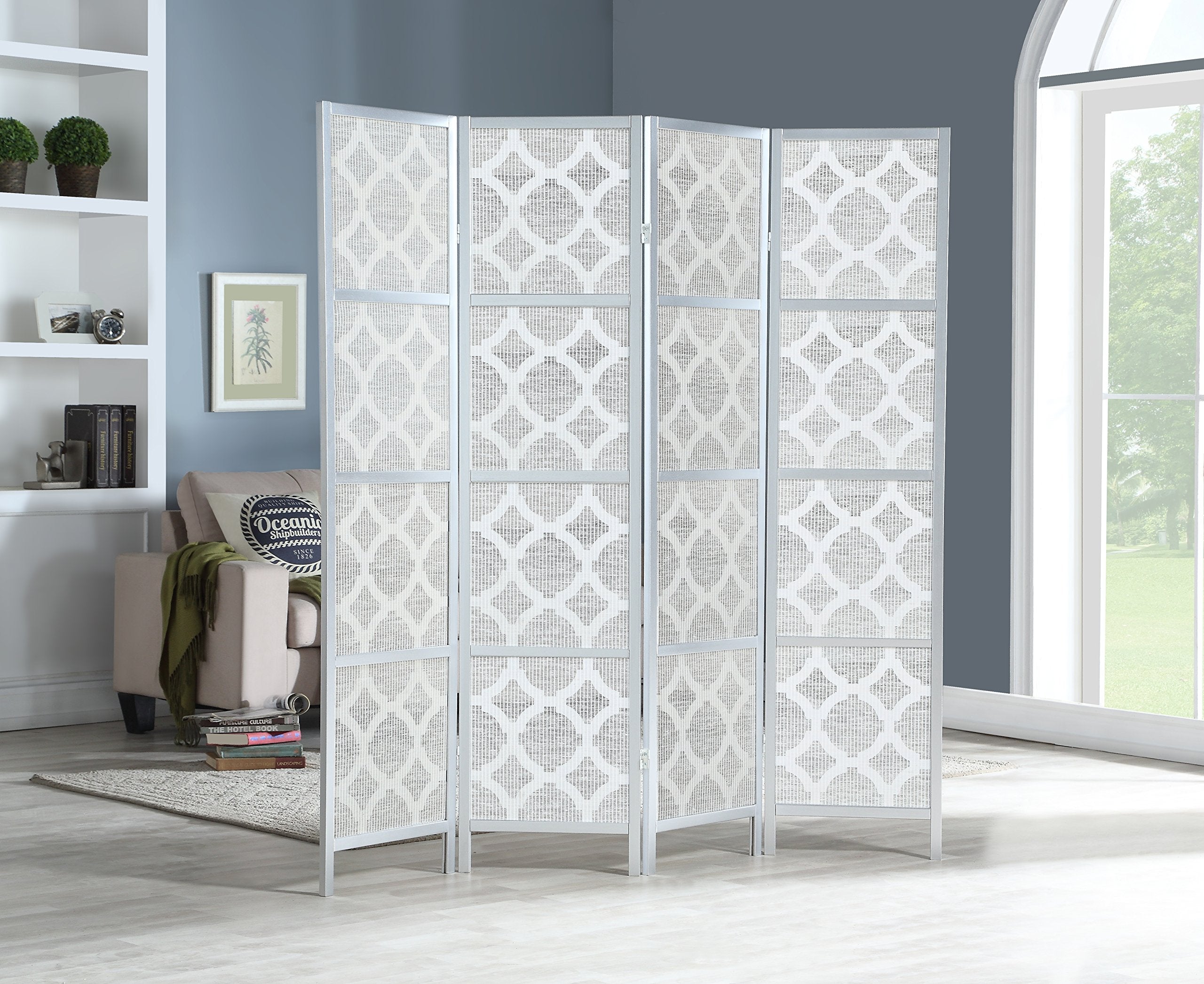 Quarterfoil Infused Diamond Design 4-Panel Room Divider, Silver
