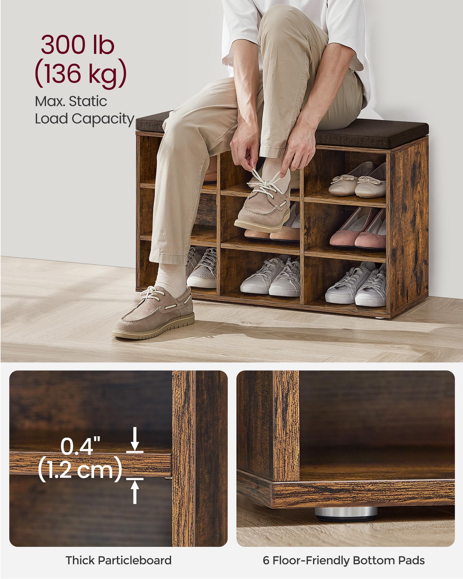 VASAGLE Rustic Brown Entryway Shoe Bench with Cushion, 9 Compartment Storage, 11.9 x 30.9 x 18.9 Inches, Padded Seat, Chestnut Brown
