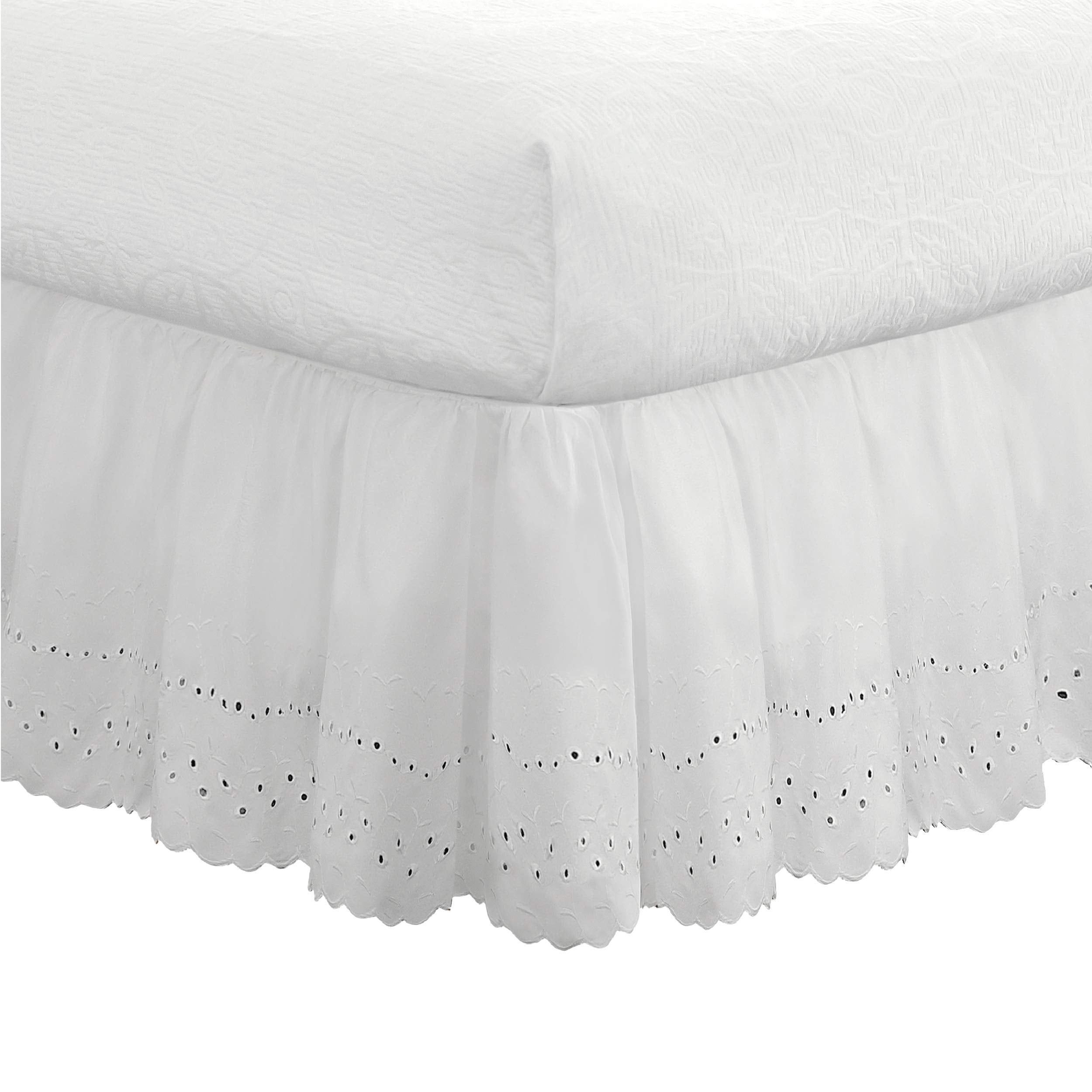 Fresh Ideas Ruffled Eyelet Bed Skirt Dust Ruffle with Gathered Styling and Embroidered Details, 18 Drop Length, California King,
