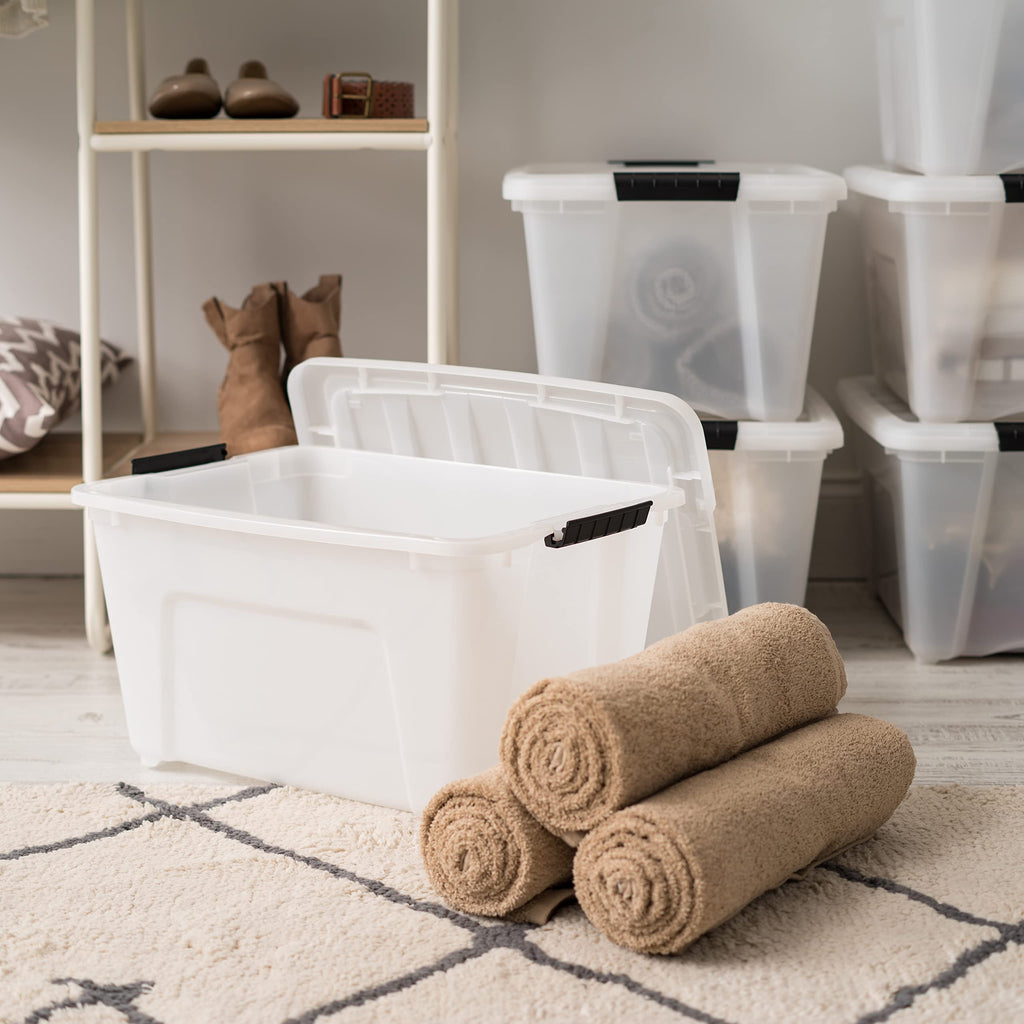 IRIS USA 32 Qt Stackable Plastic Storage Bins with Lids, 4 Pack - BPA-Free, Durable Pearl Containers with Secure Pull Handle