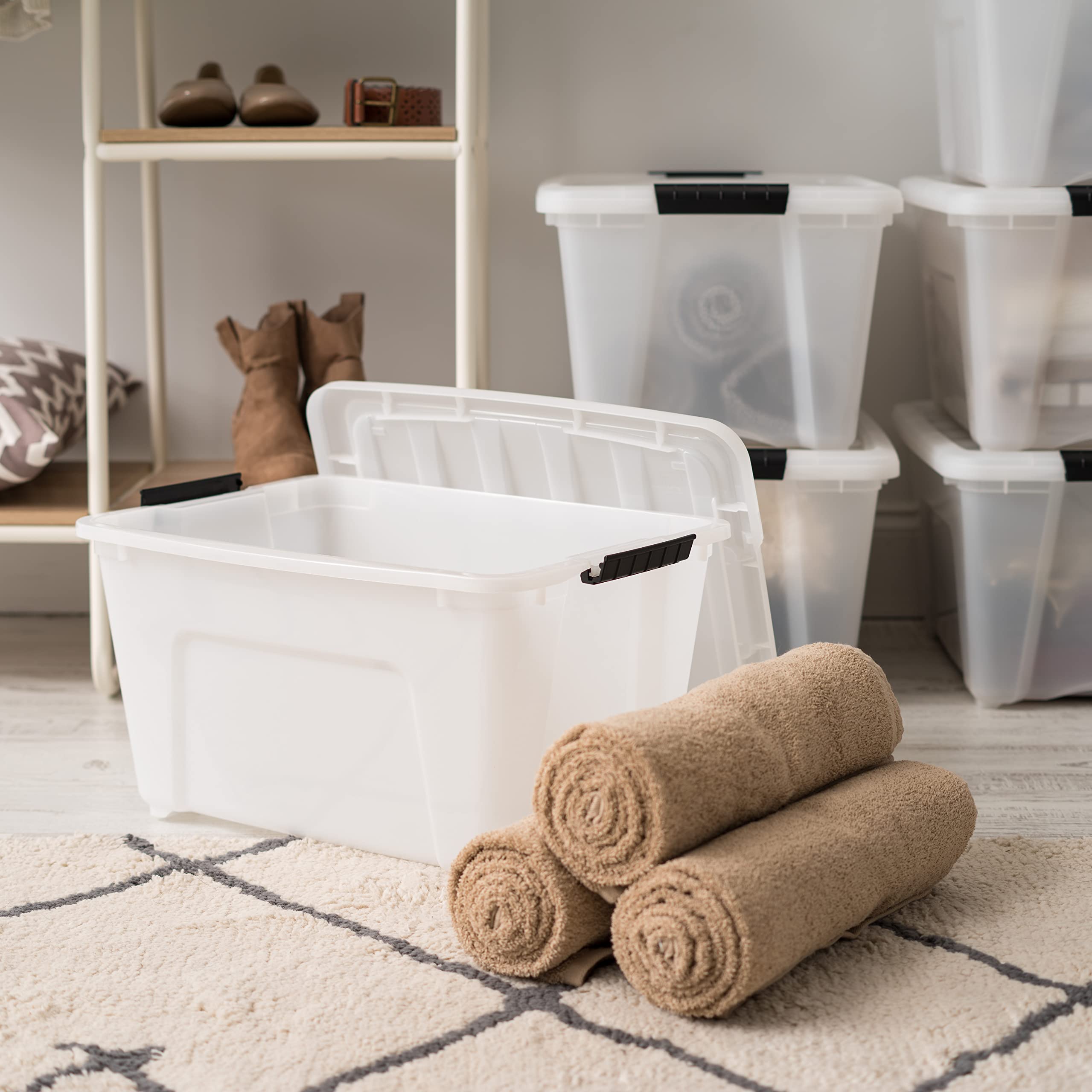 IRIS USA 32 Qt Stackable Plastic Storage Bins with Lids, 4 Pack - BPA-Free, Durable Pearl Containers with Secure Pull Handle