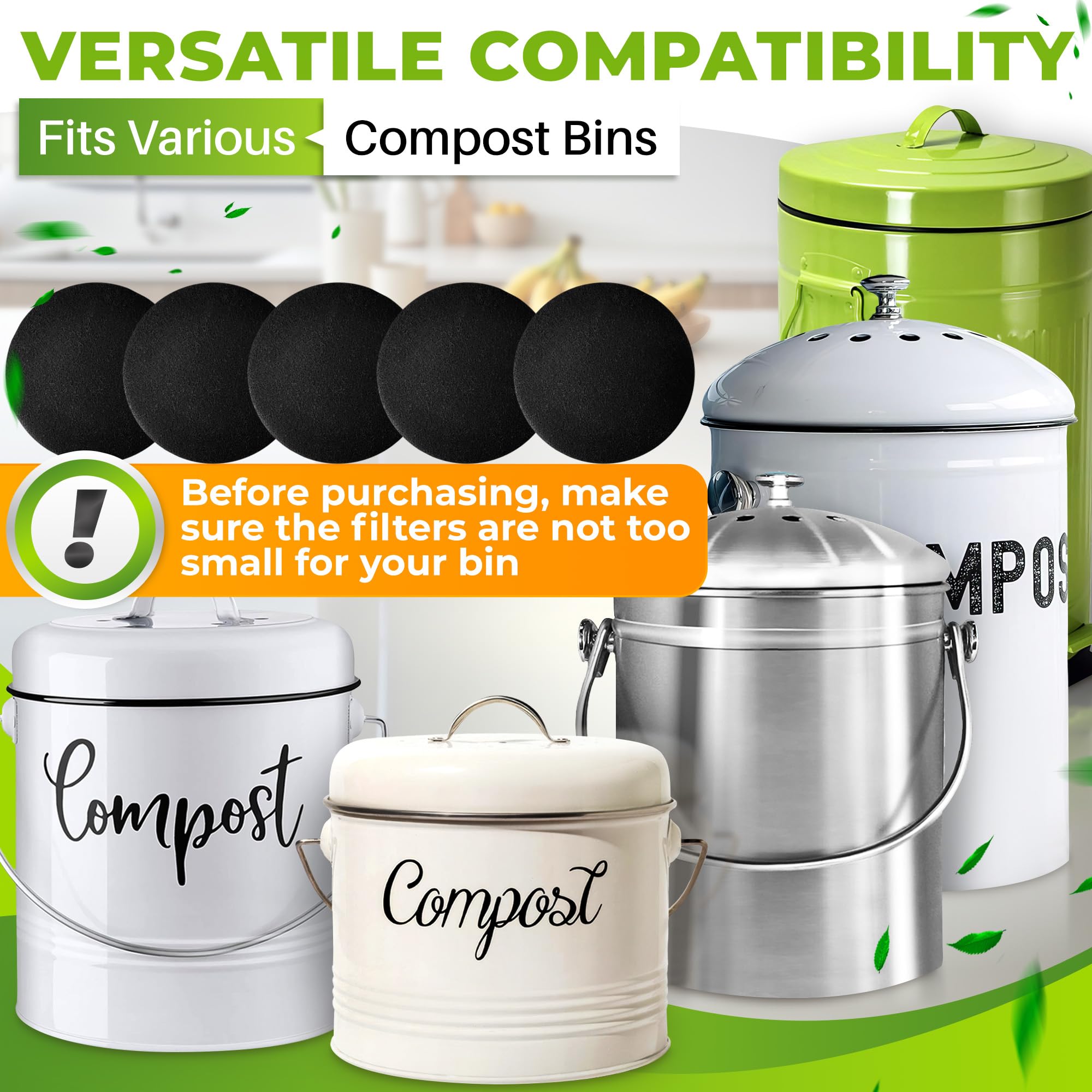 Reluen 12 Pcs Charcoal Filters for Compost Bucket - Activated Charcoal, Flexible Design, Strong Odor Absorption, 6.7 x 0.6 Inches, Black