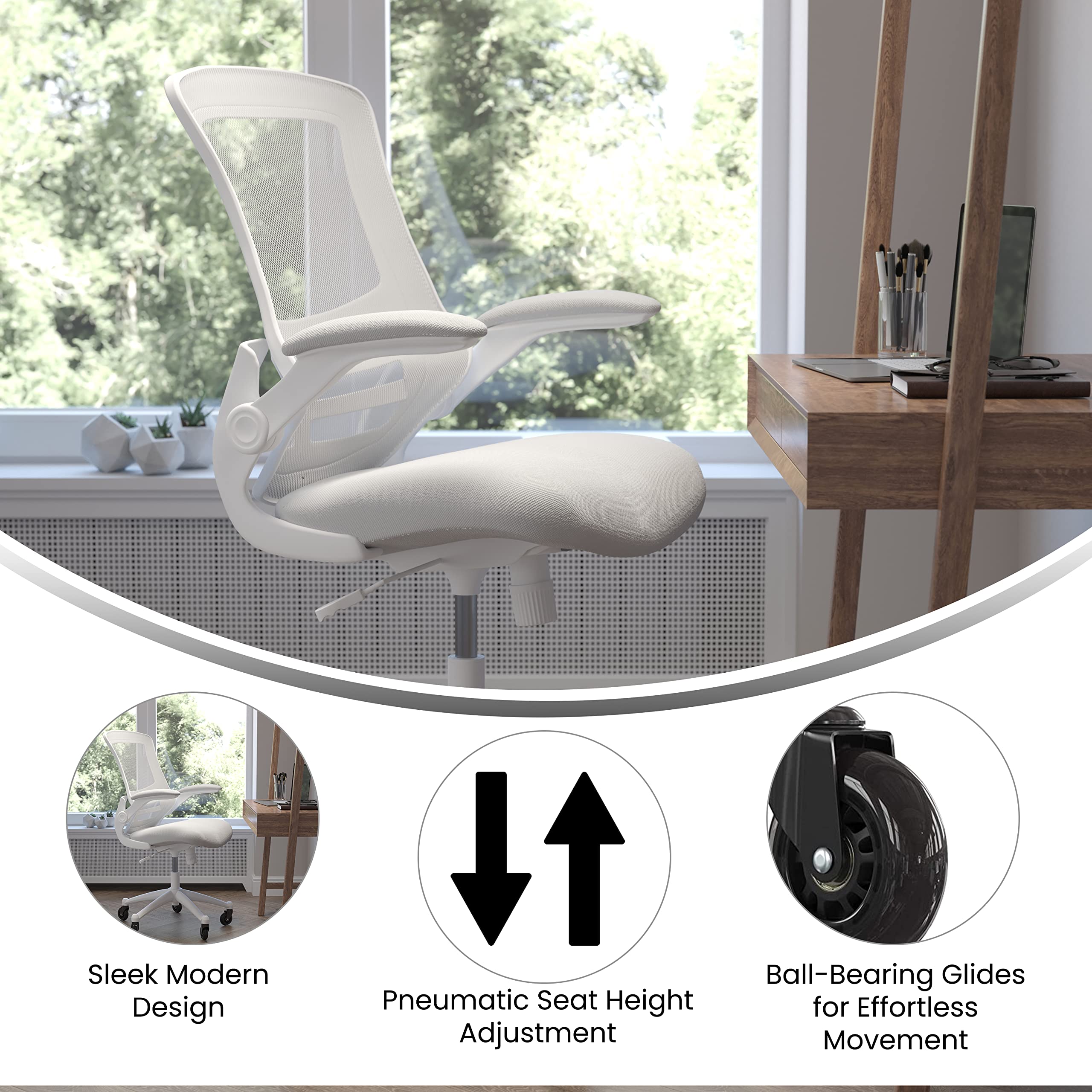 Flash Furniture Kelista Mid-Back Light Gray Mesh Swivel Ergonomic Task Office Chair With White Frame, Flip-Up Arms, And Transparent Roller Wheels
