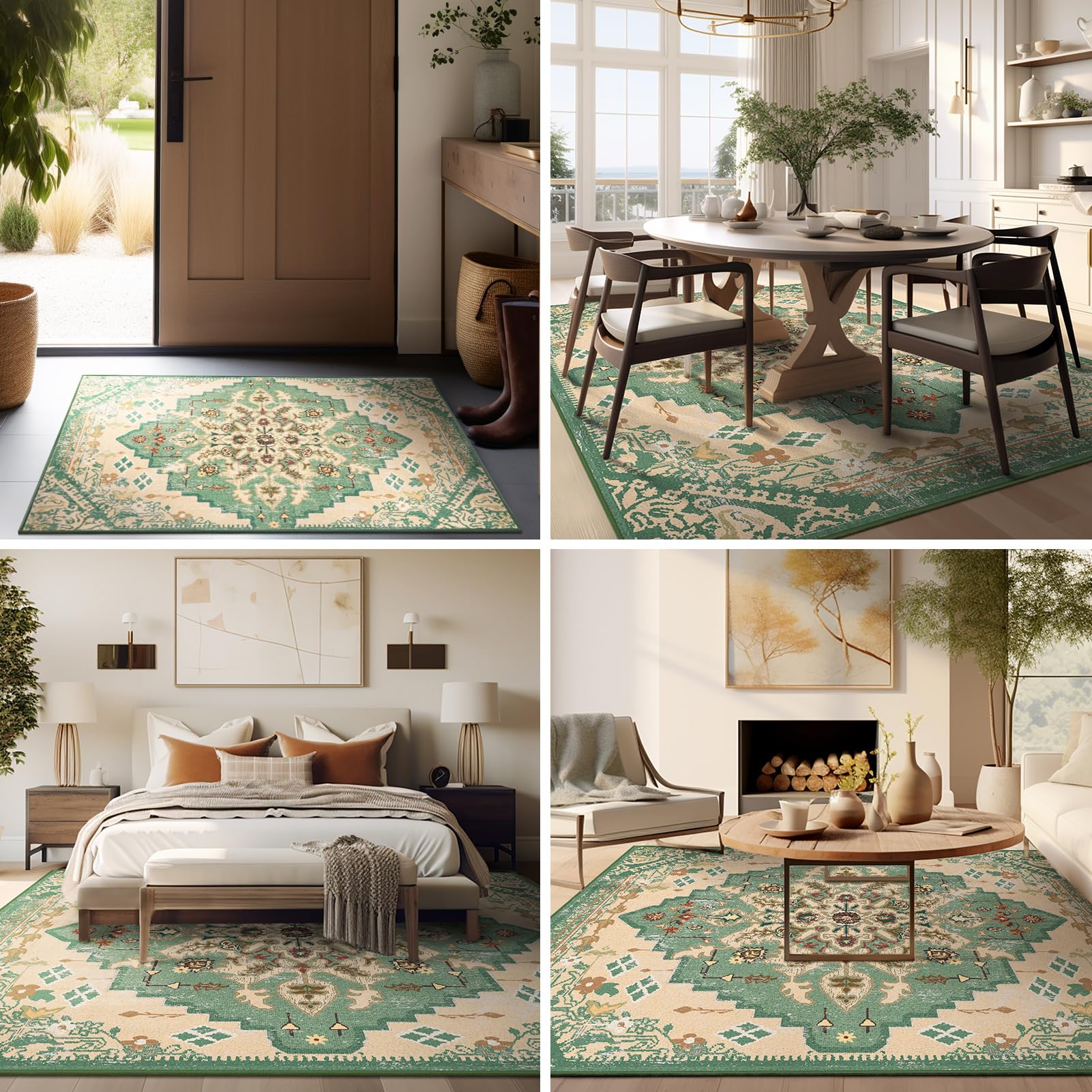 Ashler 2X3 Vintage Entryway Rugs, Ultra-Thin Boho Rugs For Entryway, Bedroom, Kitchen, Green/Beige Home Decor, Low-Pile Non-Slip