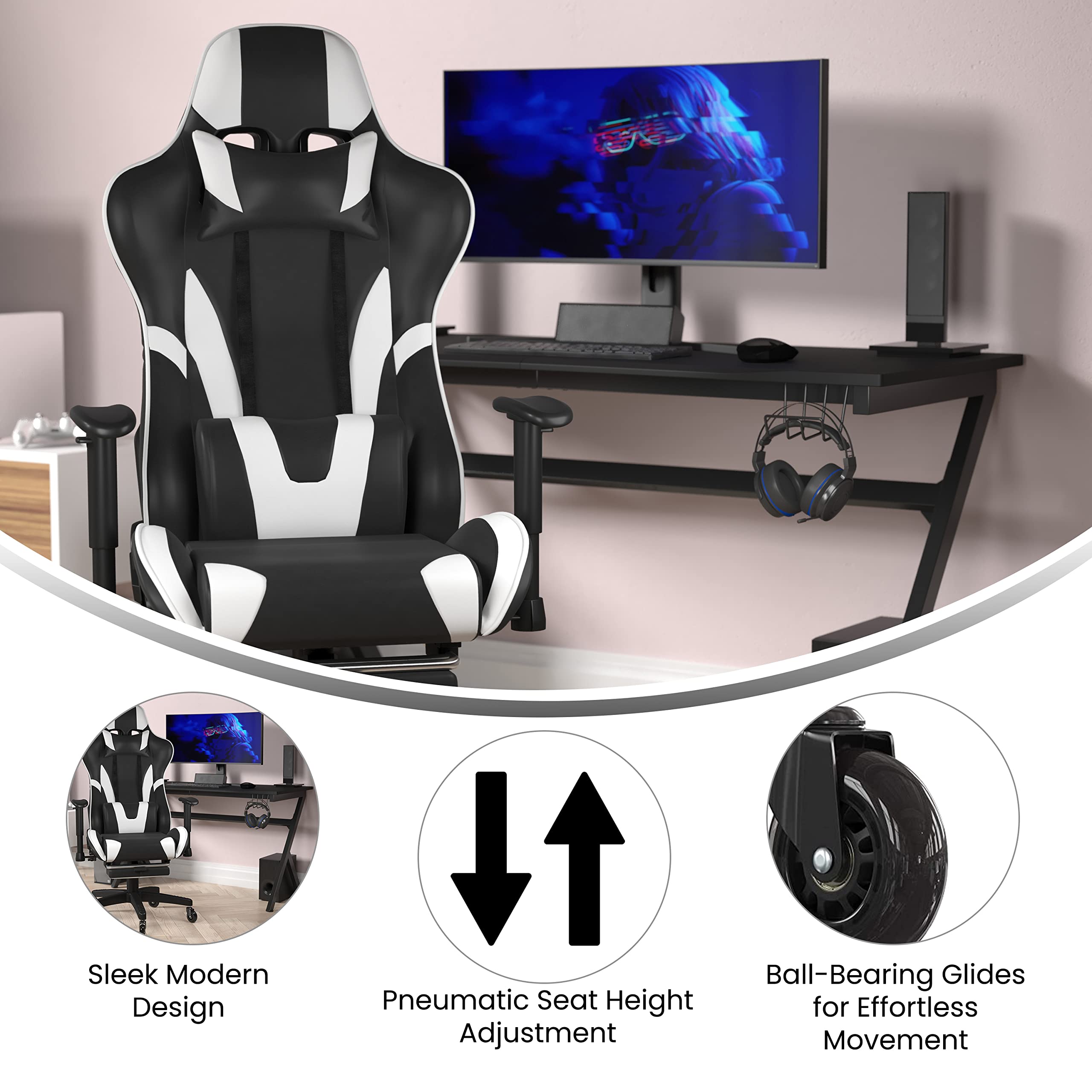 Flash Furniture X30 Gaming Chair Racing Computer Chair - Black LeatherSoft Upholstery - Reclining Back - Slide-Out Footrest - Roller Wheels