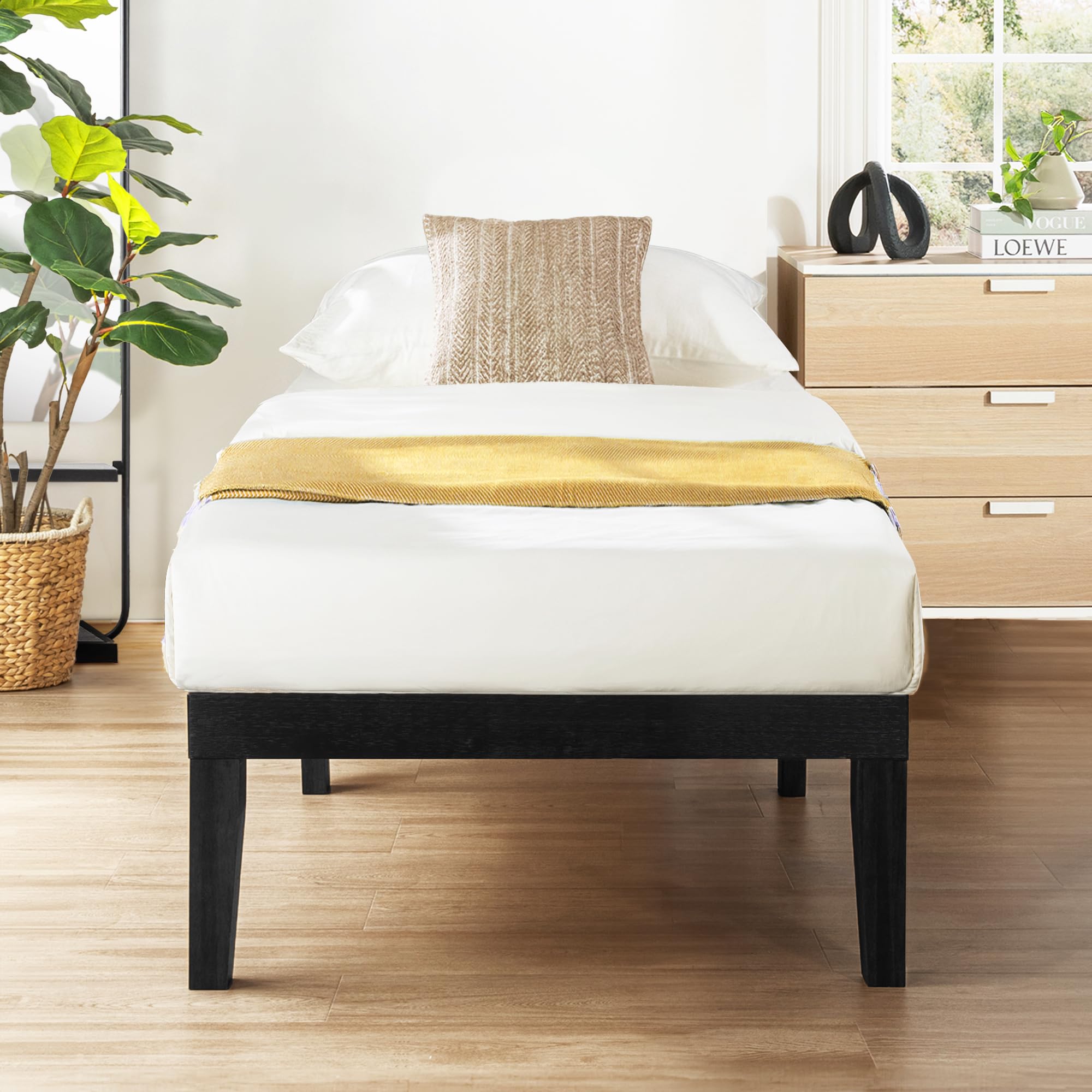 Mellow Naturalista Classic 16 Inch Solid Wood Platform Bed With Wooden Slats, Black, Twin