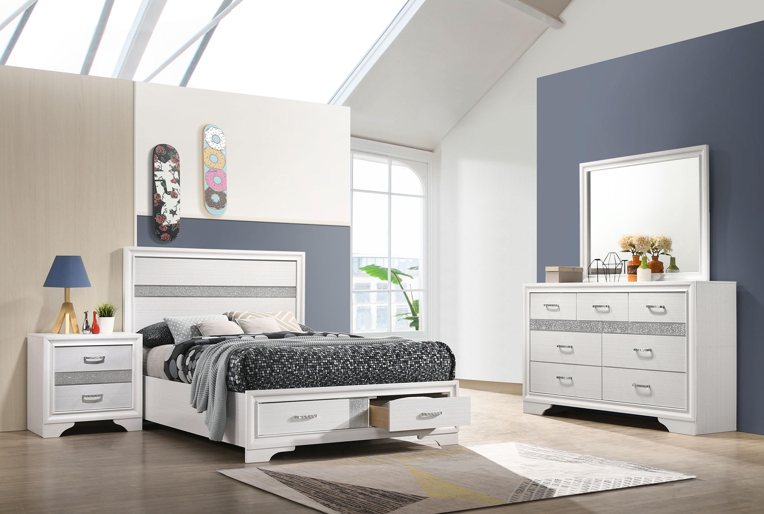 Coaster Home Furnishings Miranda Contemporary 4-Piece Bedroom Set Full Size Storage Panel Bed Frame 50-inch Headboard White 205111F-S4