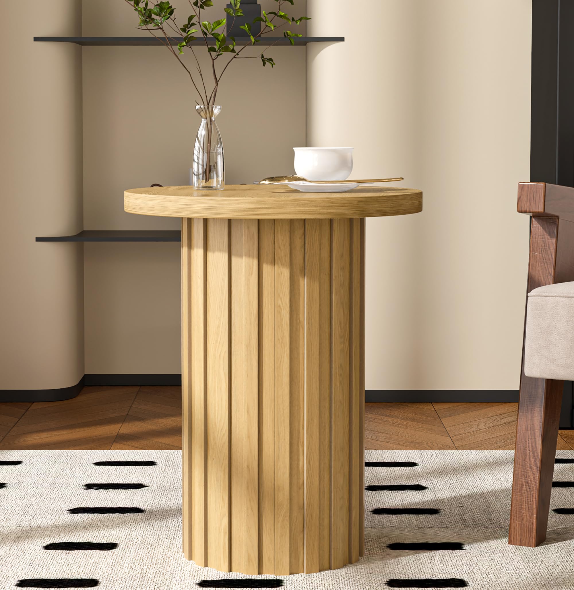 Fsbecl Farmhouse Pedestal End Table Round Side Table With Fluted Panel Rustic Drink Table For Small Space Living Room (Wood Colo