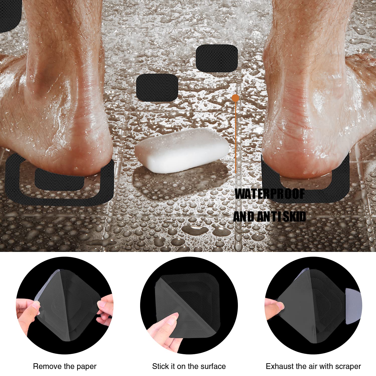 Secopad Non-Slip Bathtub Stickers, 72 PCS Adhesive Safety Treads for Bathroom & Shower, Large Black Decals