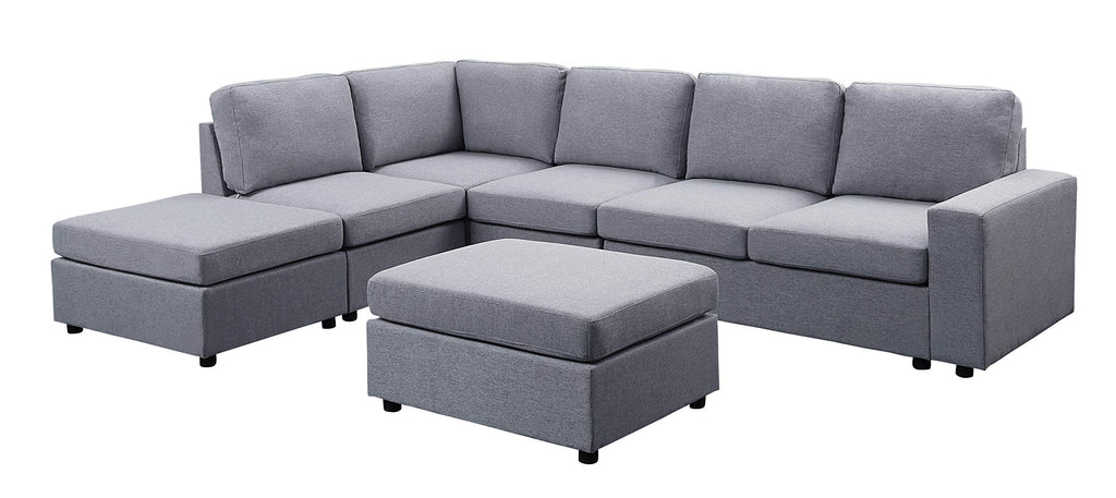 Lilola Home Cassia Light Gray Linen 7 Seat Reversible Modular Sectional Sofa with Ottoman