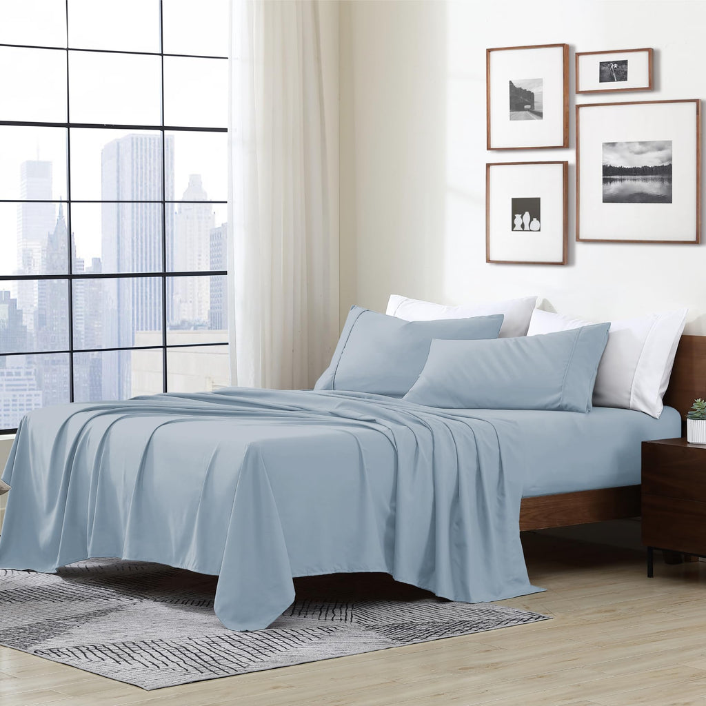 Cathay Home Essentials Ultra Soft Hypoallergenic Wrinkle Resistant Double Brushed Microfiber Bedding Sheet Set, Blue Fog, Full