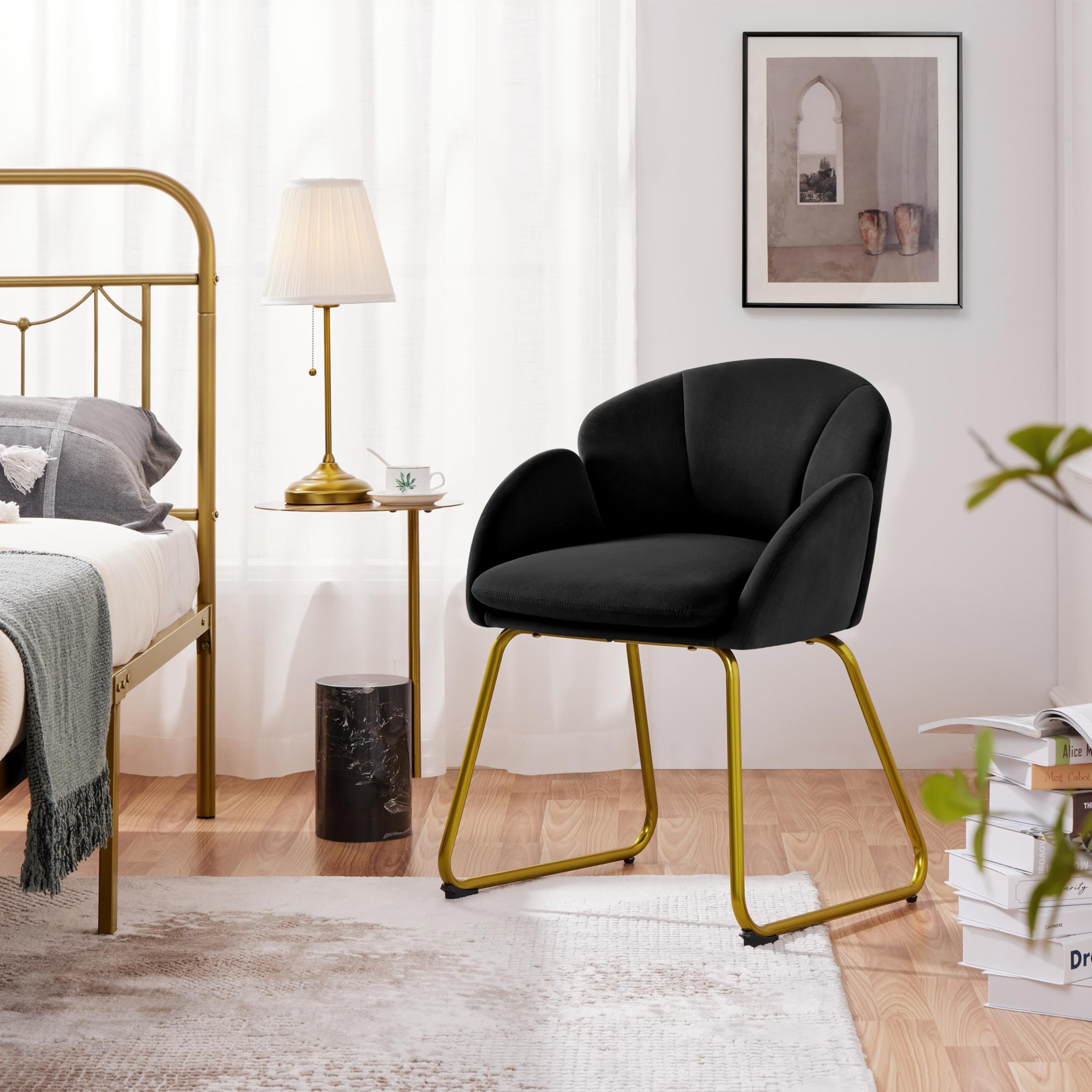Yaheetech Modern Velvet Armchair, Flower Shaped Makeup Chair Vanity Chair With Golden Metal Legs For Living Room/Makeup Room/Bedroom/Home Office/Kitchen, Black