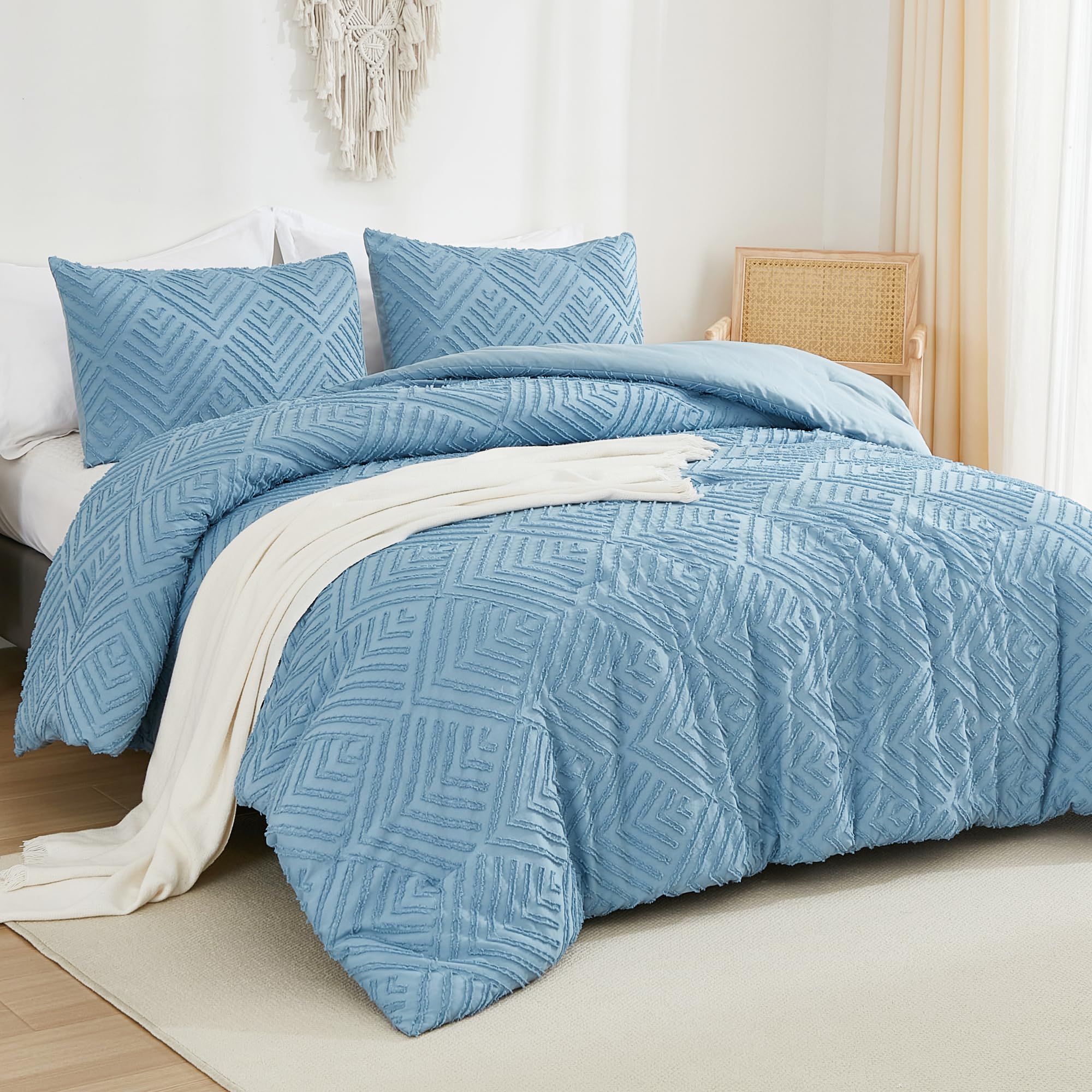 Andency Grayish Blue Comforter Set Queen Size, Lightweight Fluffy Bedding Comforter Sets For Queen Bed, 3 Pieces Tufted Farmhous
