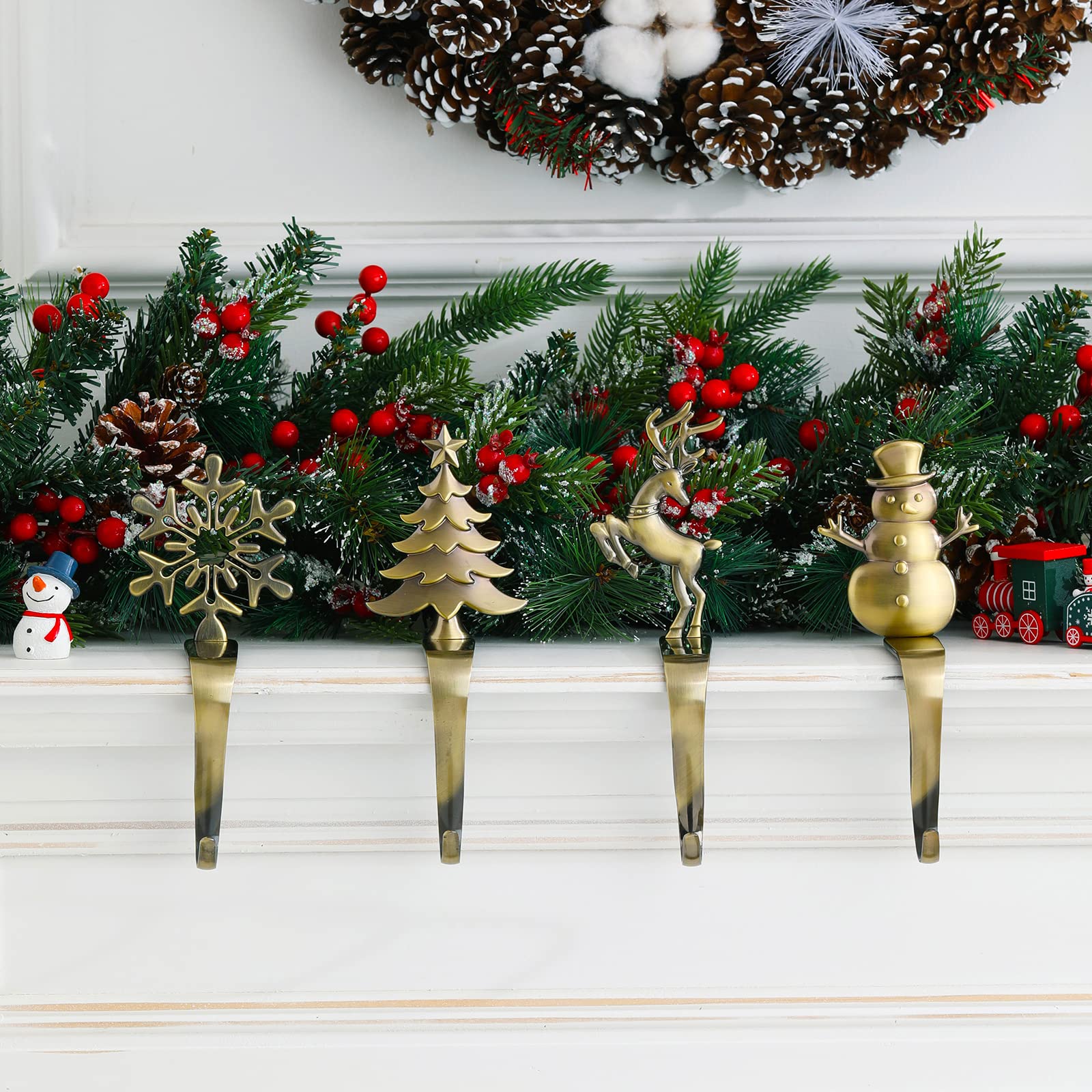 Night-Gring Christmas Stocking Holder - Set Of 4 Stocking Hangers Snowman Santa Snowflakes Christmas Tree Deer Christmas Stockin