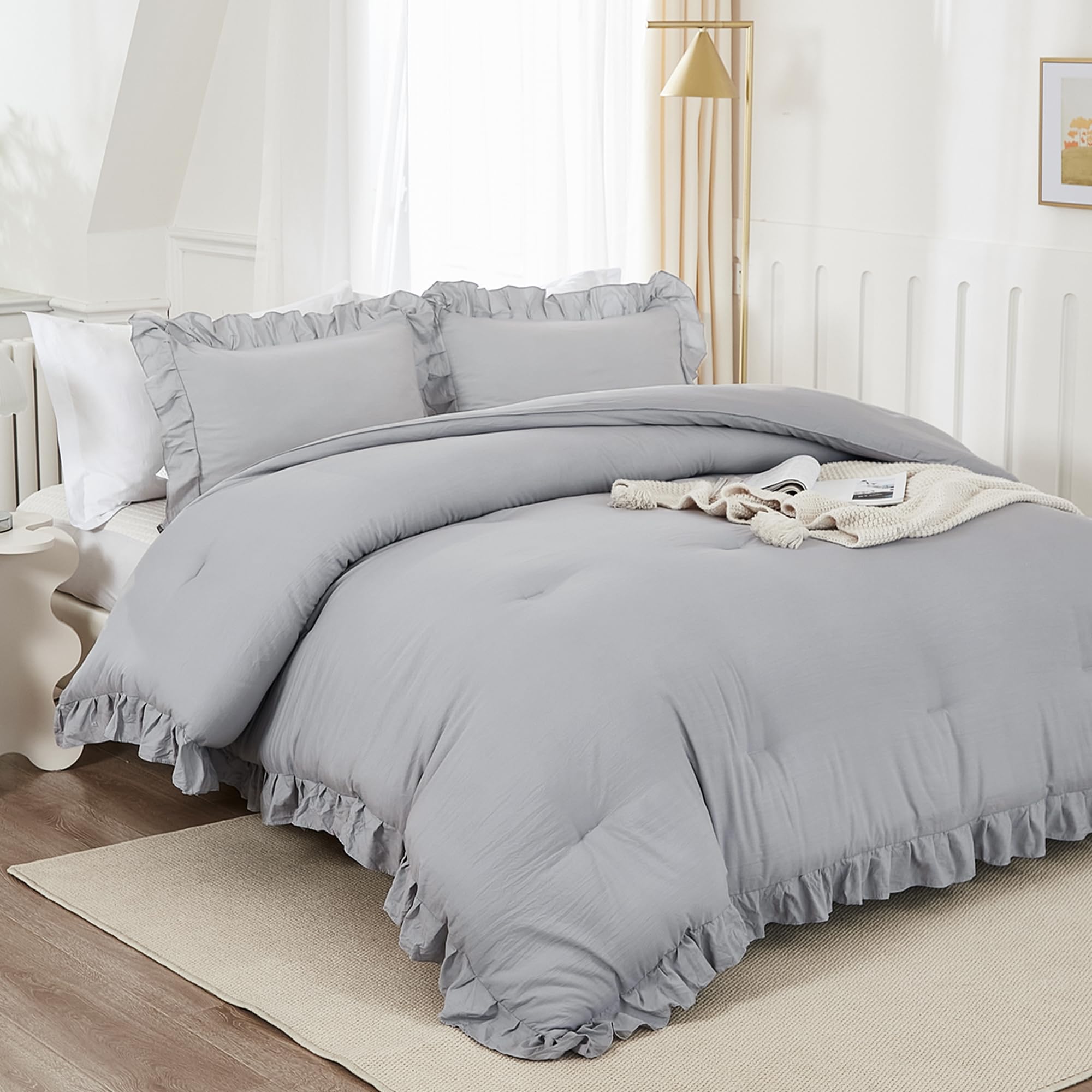 Andency Silver Gray Twin Size Comforter, 2 Pieces Farmhouse Classic Chic Ruffle Comforter For Kids, Lighteweight Soft Microfiber Bedding Set For Girls(1 Ruffle Comforter And 1 Pillowcase)
