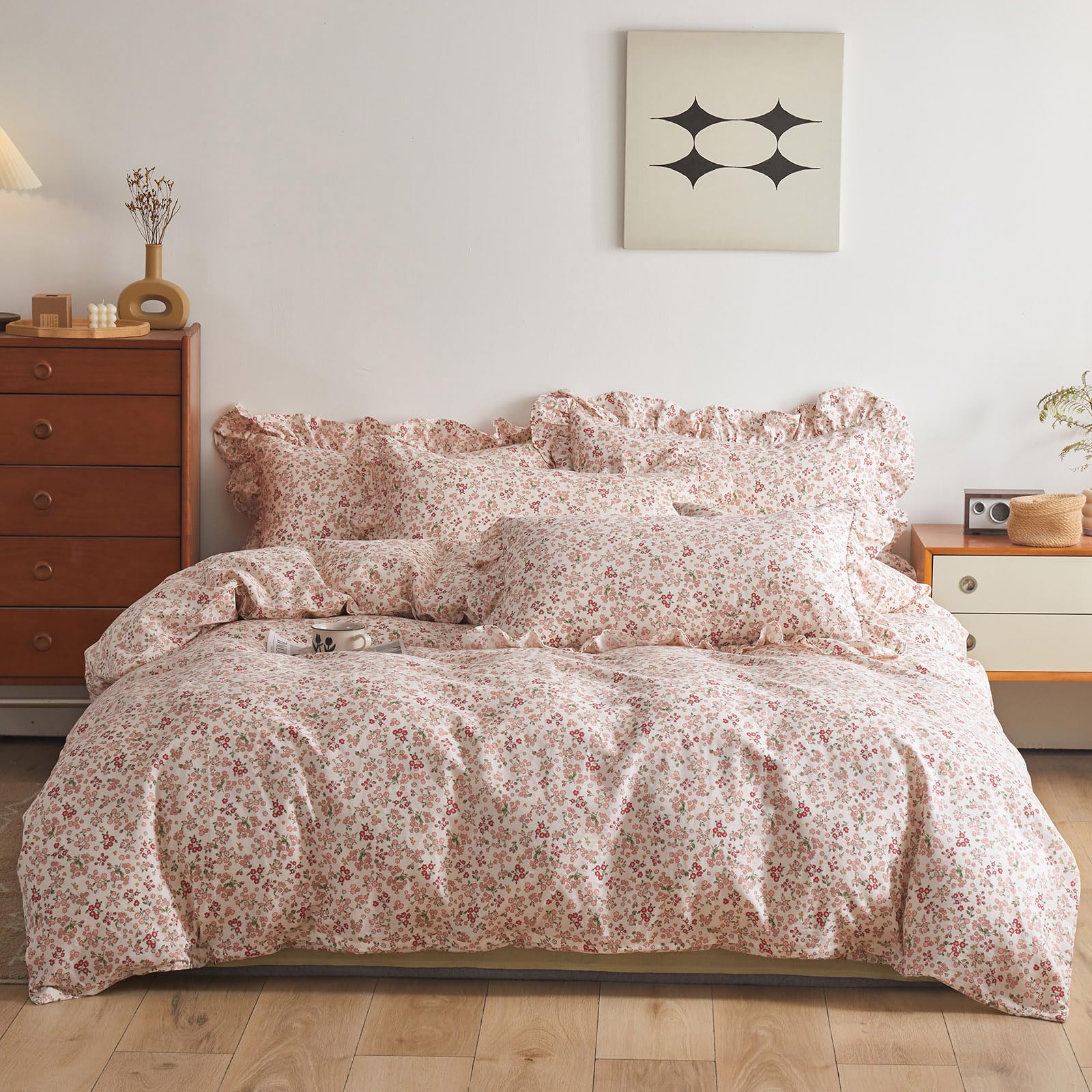 VM VOUGEMARKET Cotton Duvet Cover Twin Pink Flower Duvet Cover with Ruffle Pillowcases Teen Girls Aesthetic Bedding Set Garden S
