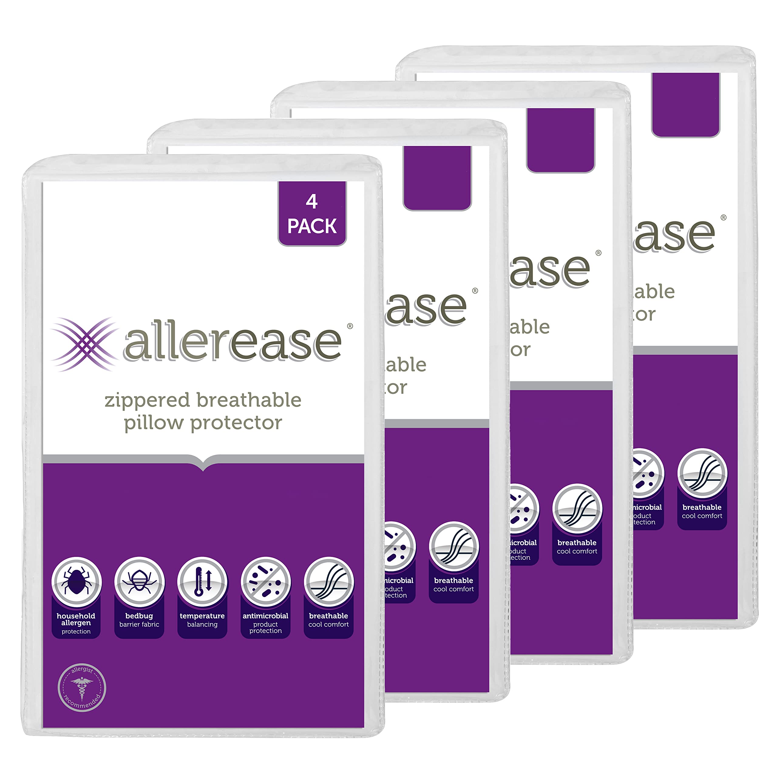 Set Of 4 King Allerease Pillow Protectors - Temperature Balancing, Allergist Recommended - Premium Breathable, Zippered Protecto