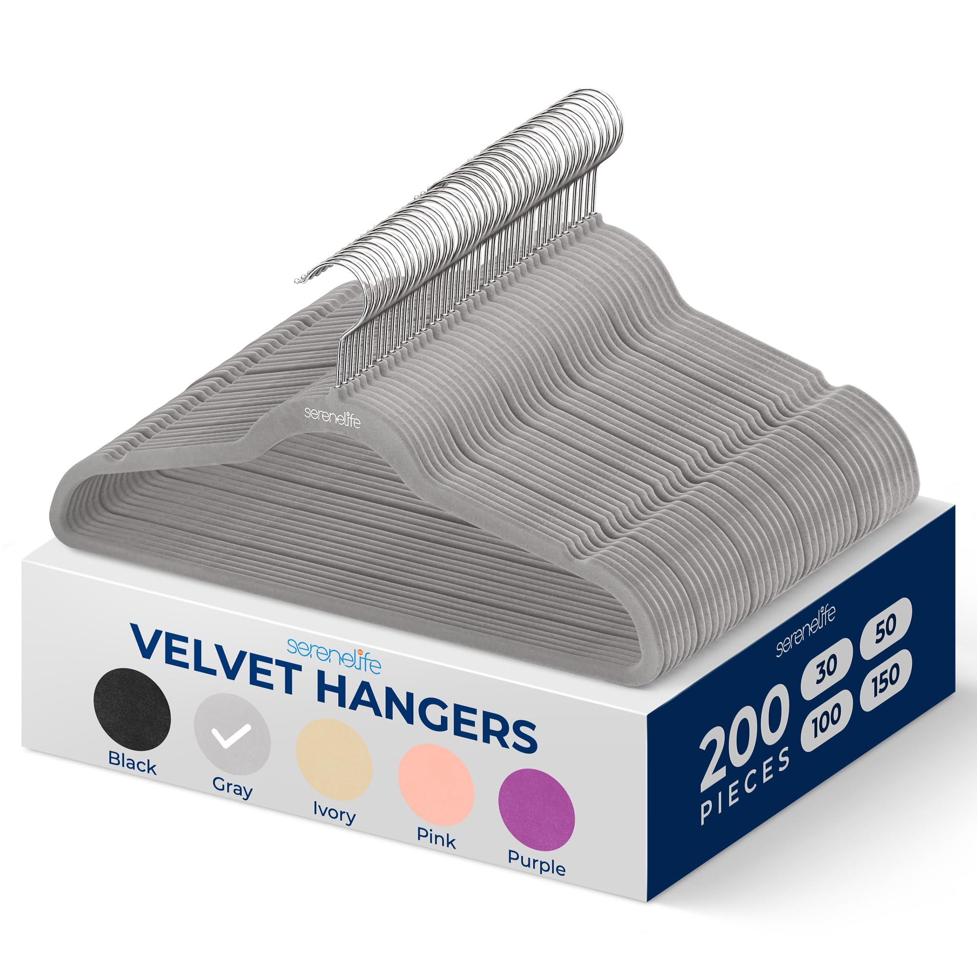 SereneLife Non-Slip Velvet Hangers, Mega Pack, 200 Pieces Hangers for Clothes, Heavy Duty Cloth Hanger Set with 360 Degree Swive