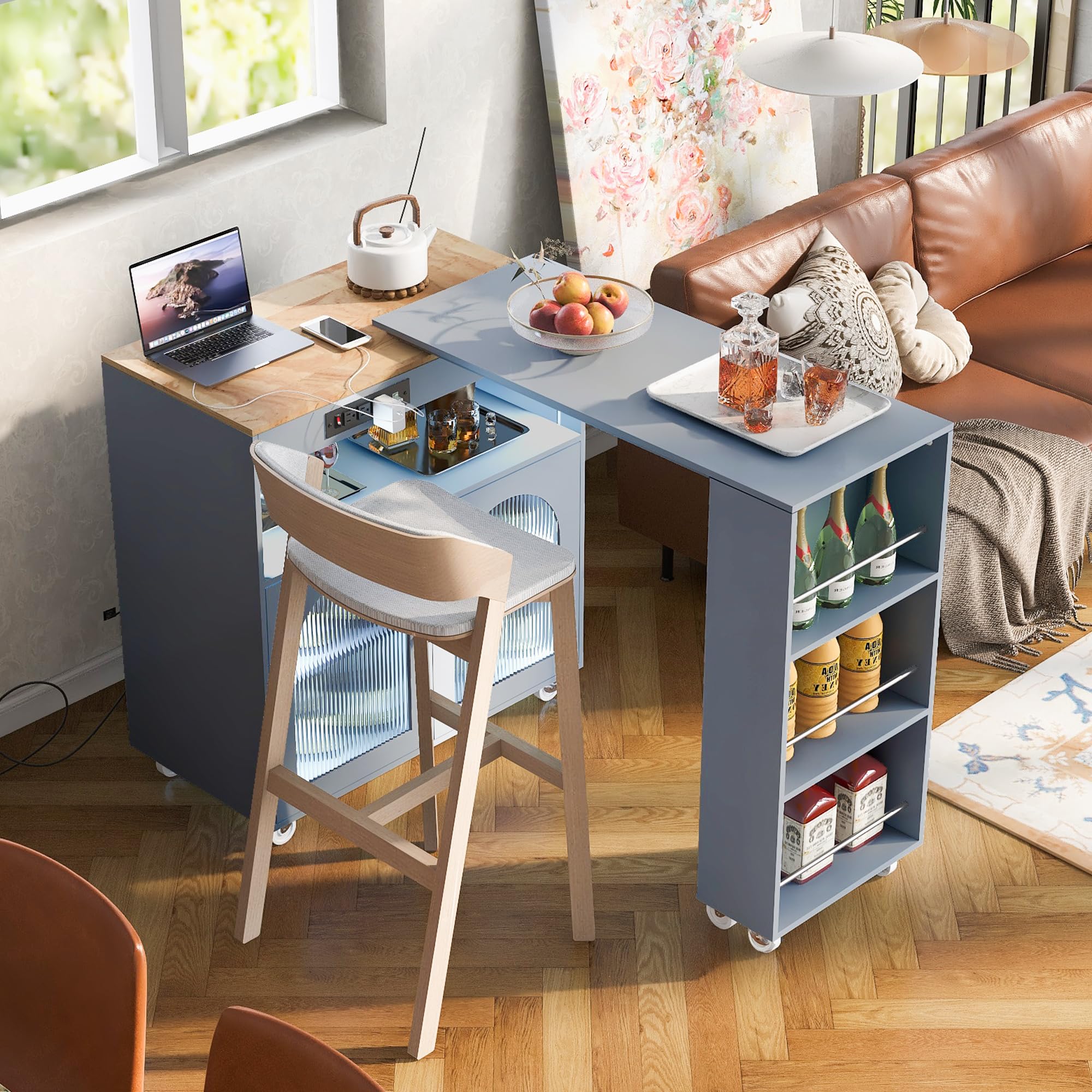 Lumisol Kitchen Island Cart With Extended Table, Rolling Kitchen Island With Power Outlets And Led Lights, Side Table On Wheels