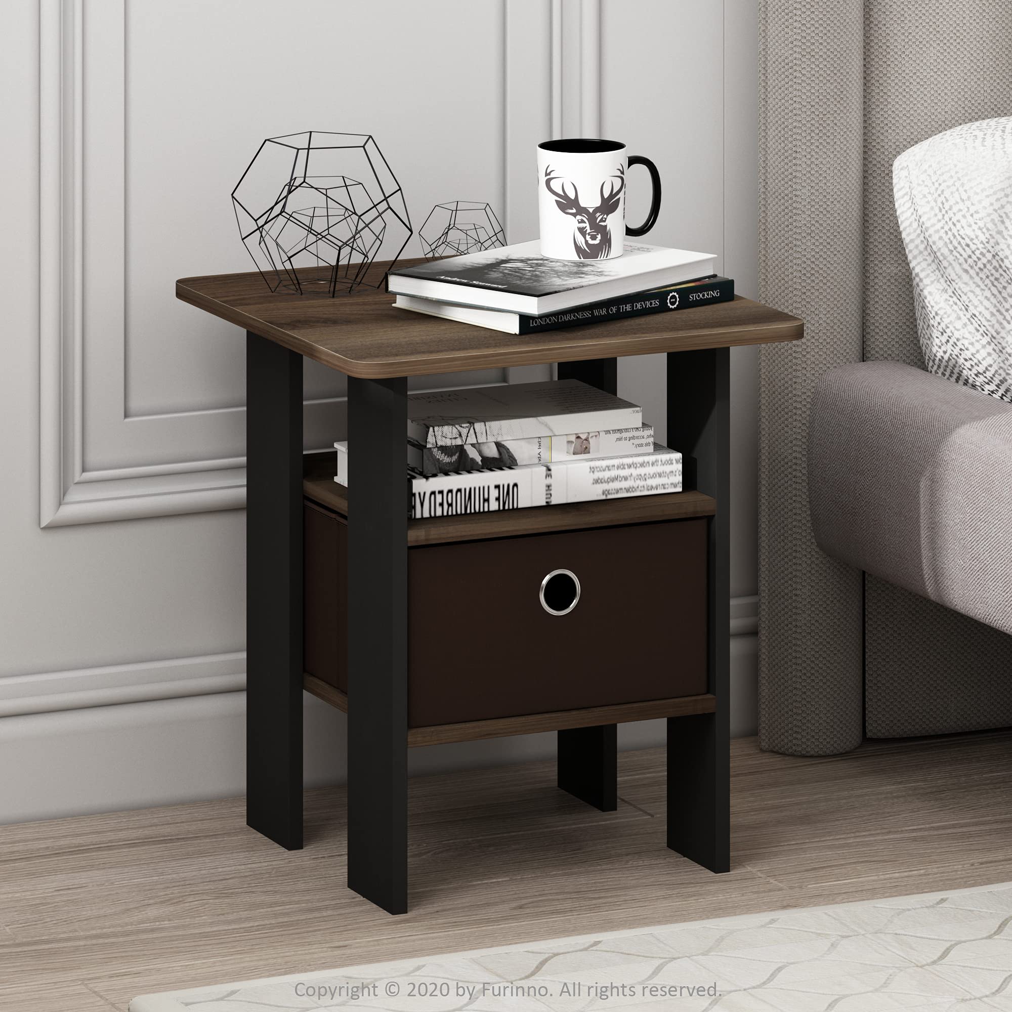 Furinno Andrey End Table / Side Table / Night Stand / Bedside Table With Bin Drawer, Columbia Walnut/Dark Brown,1-Pack, Center Bin