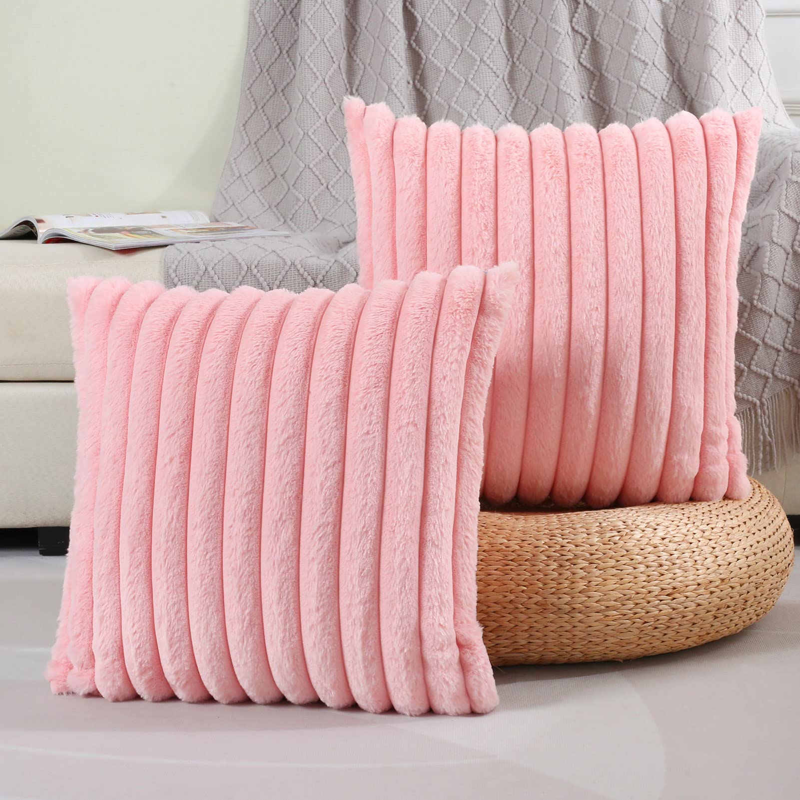 Futei Pink Striped Decorative Throw Pillow Covers 18X18 Inch Set Of 2,Square Spring Decorations Couch Pillow Case,Soft Cozy Faux