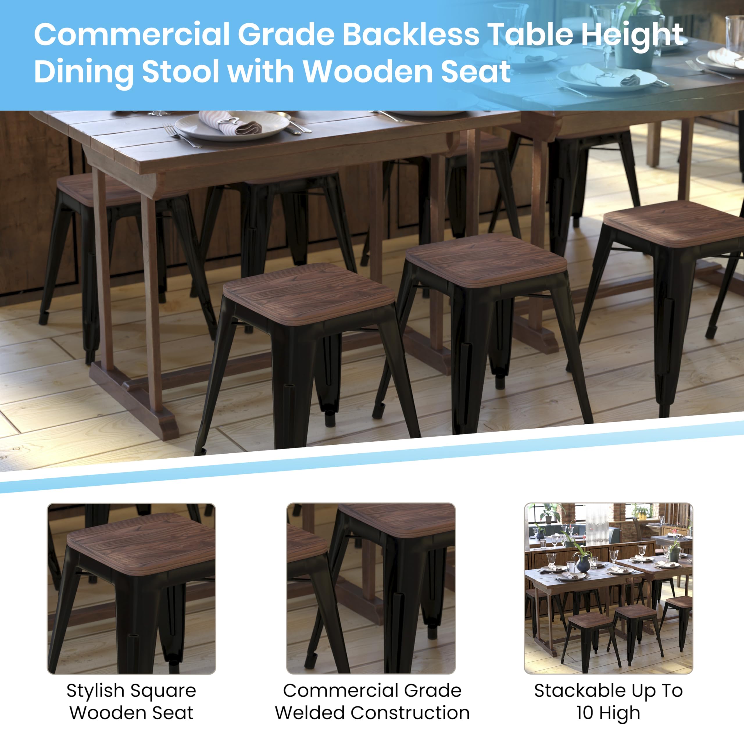 Flash Furniture Metal Dining Table Height Stool with Wooden Seat Set of 4 - Backless Black Kai Commercial Grade Stool - Kai 18" Stackable Dining Chairs