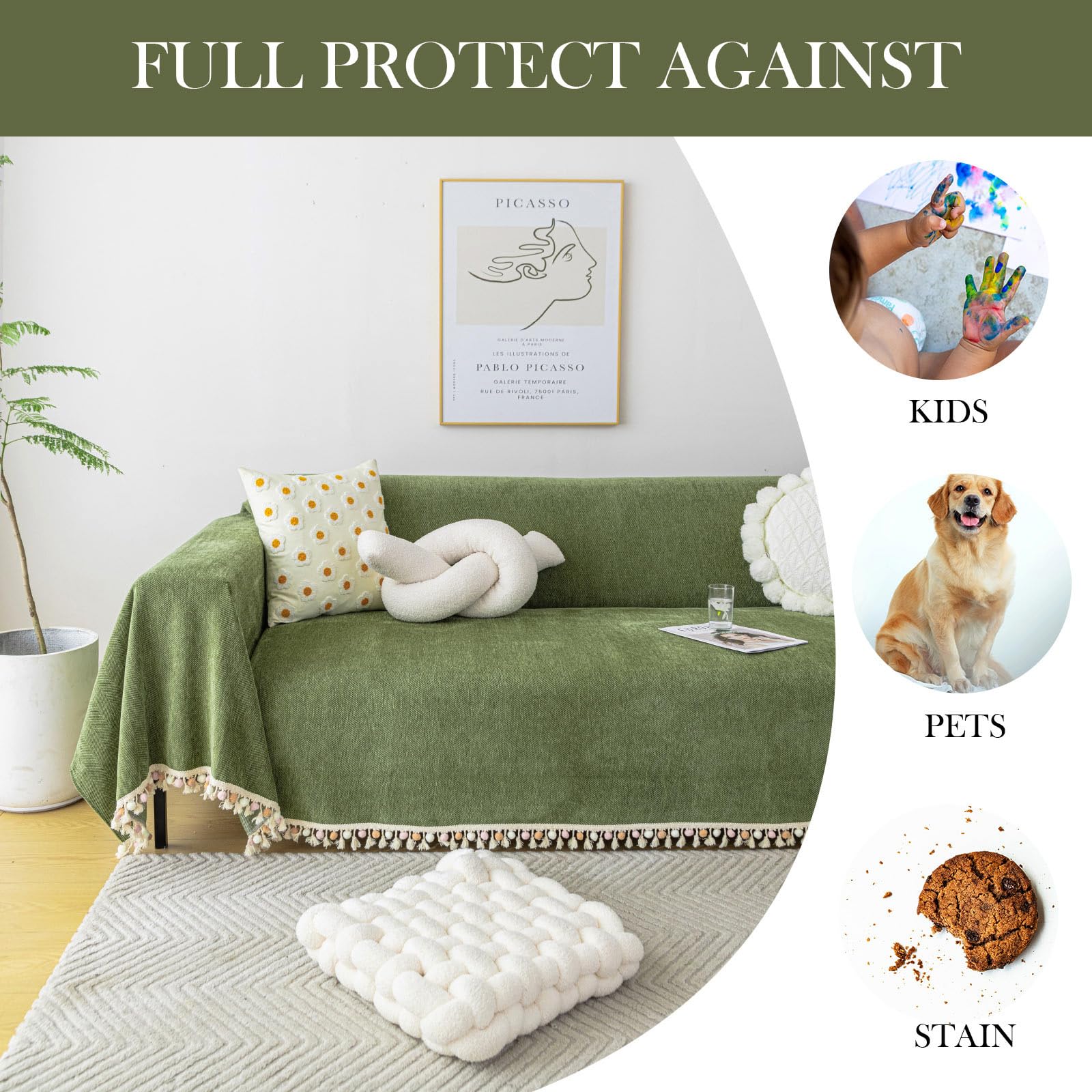 Handontime Green Sofa Cover Vintage Couch Cover For Dogs 71' X118' Couch Cushion Covers With Tassel Herringbone Sofa Cover Boho Sofa Covers For 3 Cushion Couch Chenille Soft Loveseat Sofa Covers