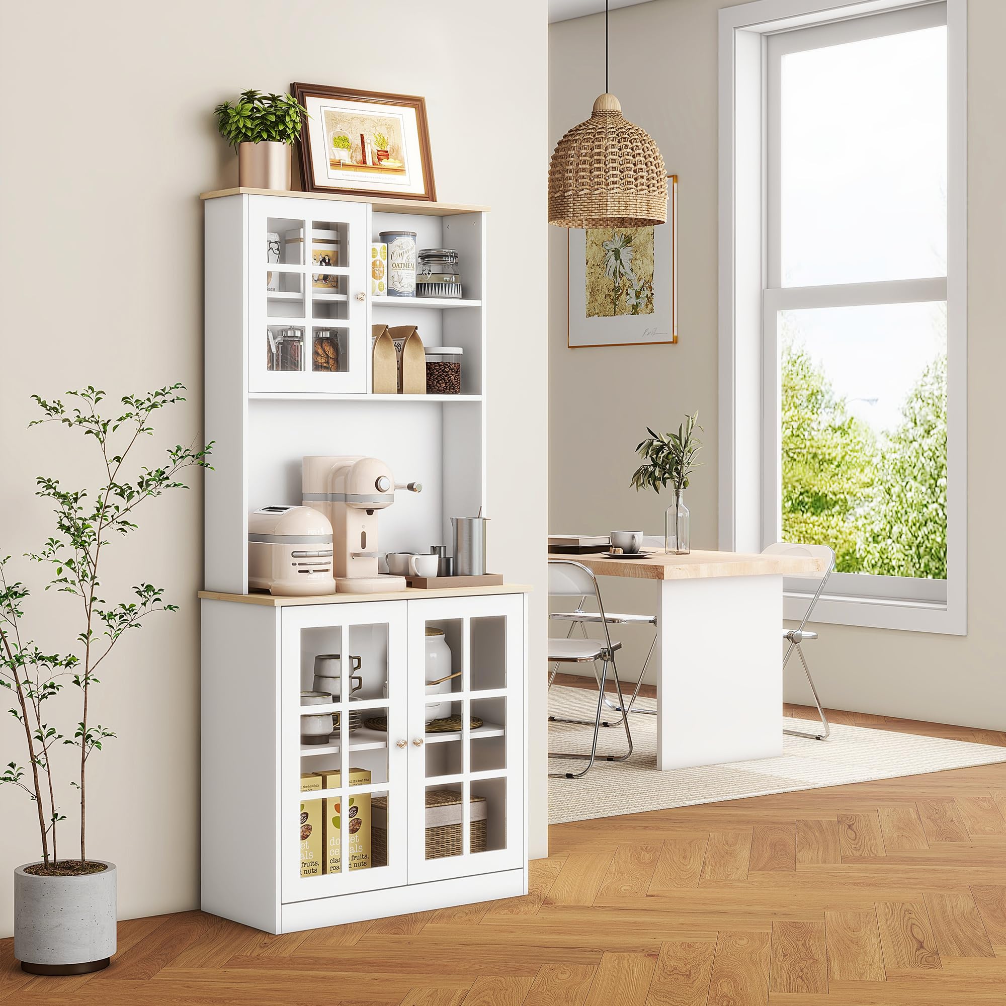 Homcom Kitchen Pantry Cabinet, 72' Freestanding Storage Cabinet With Hutch, Large Countertop, Glass Doors And Adjustable Shelves, Microwave Cabinet, Coffee Bar Cabinet For Dining Room, White