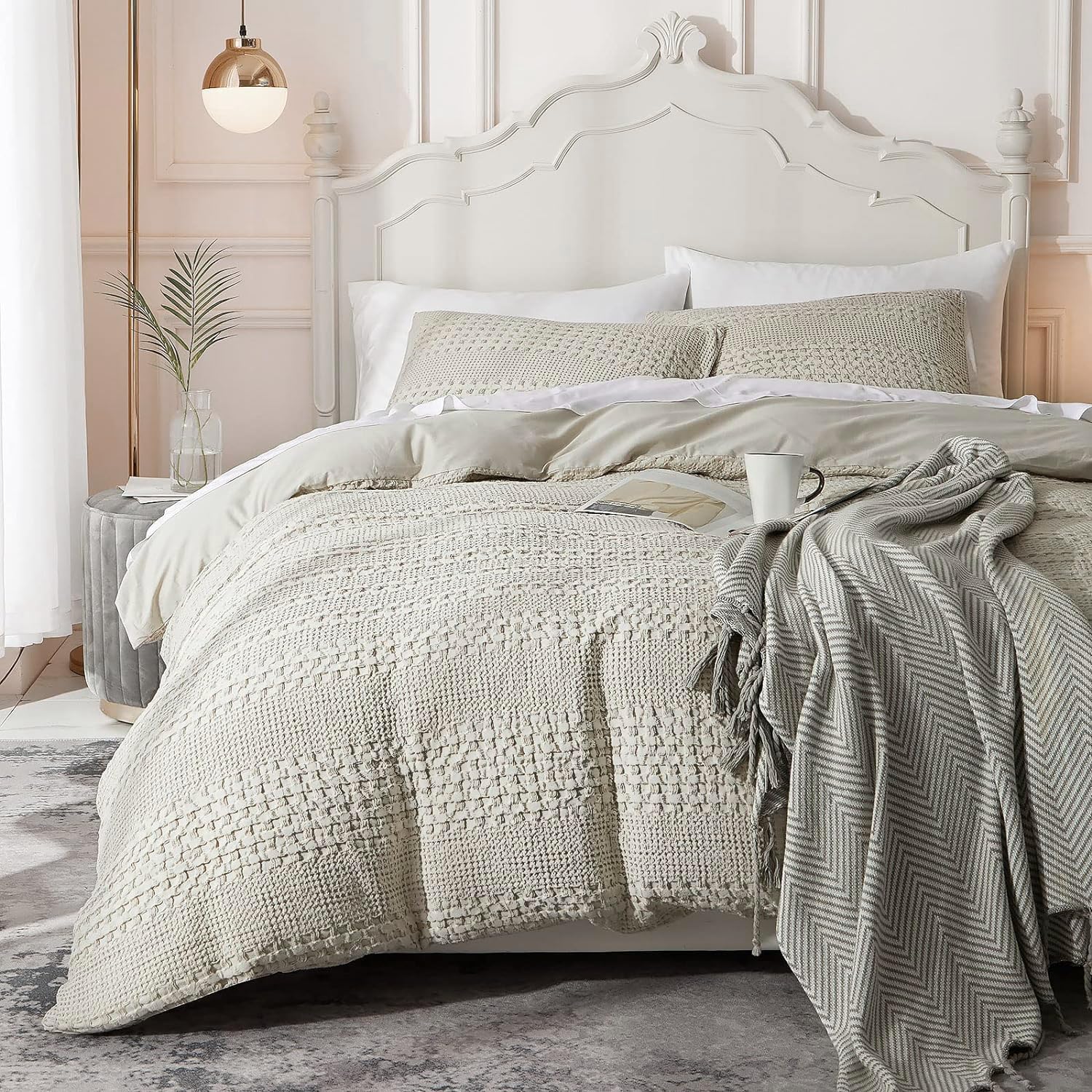 Ivellow Duvet Cover King Waffle Weave Duvet Cover Set 100% Cotton Textured Khaki Duvet Cover Cozy Soft Breathable King Duvet Cov