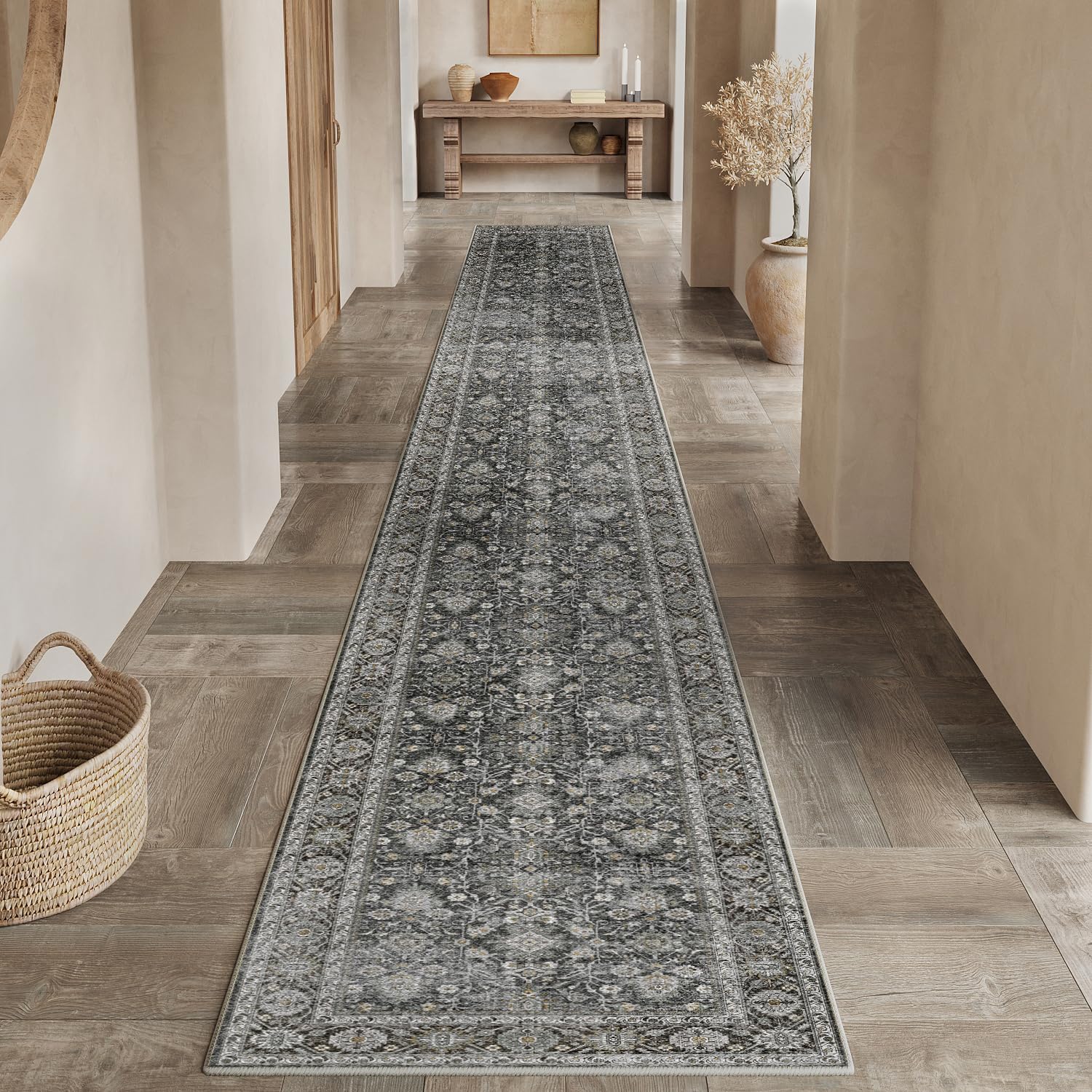 PureCozy Black Runner Rug 2x12 Vintage Area Carpet Hallway Long Indoor Kitchen Washable Living Room Low Pile Traditional Distres