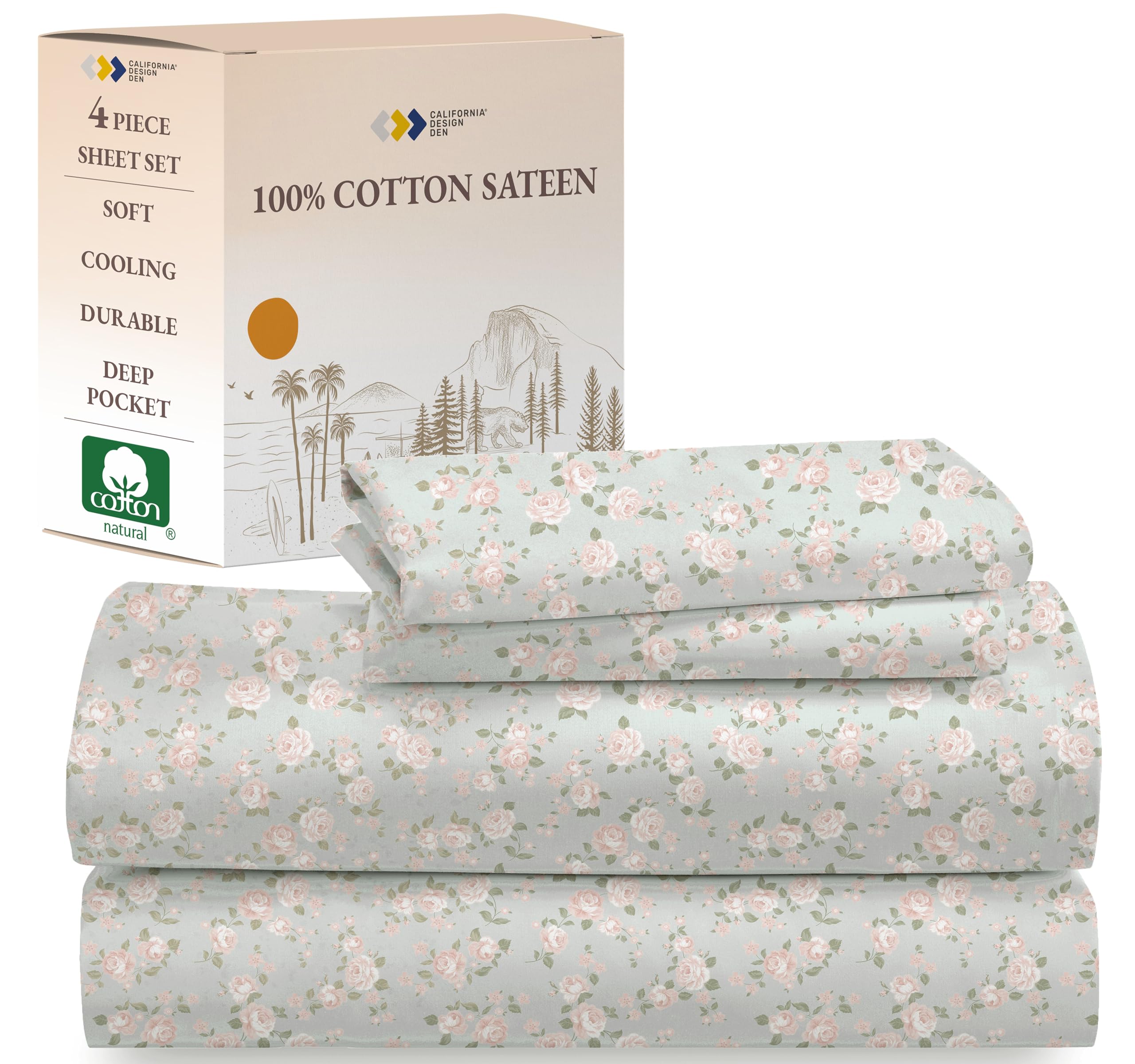 California Design Den Printed Pattern Rose Queen Sheet Set, 100% Cotton Sateen Deep Pocket Queen Sheets & Pillowcase Set - Vinta