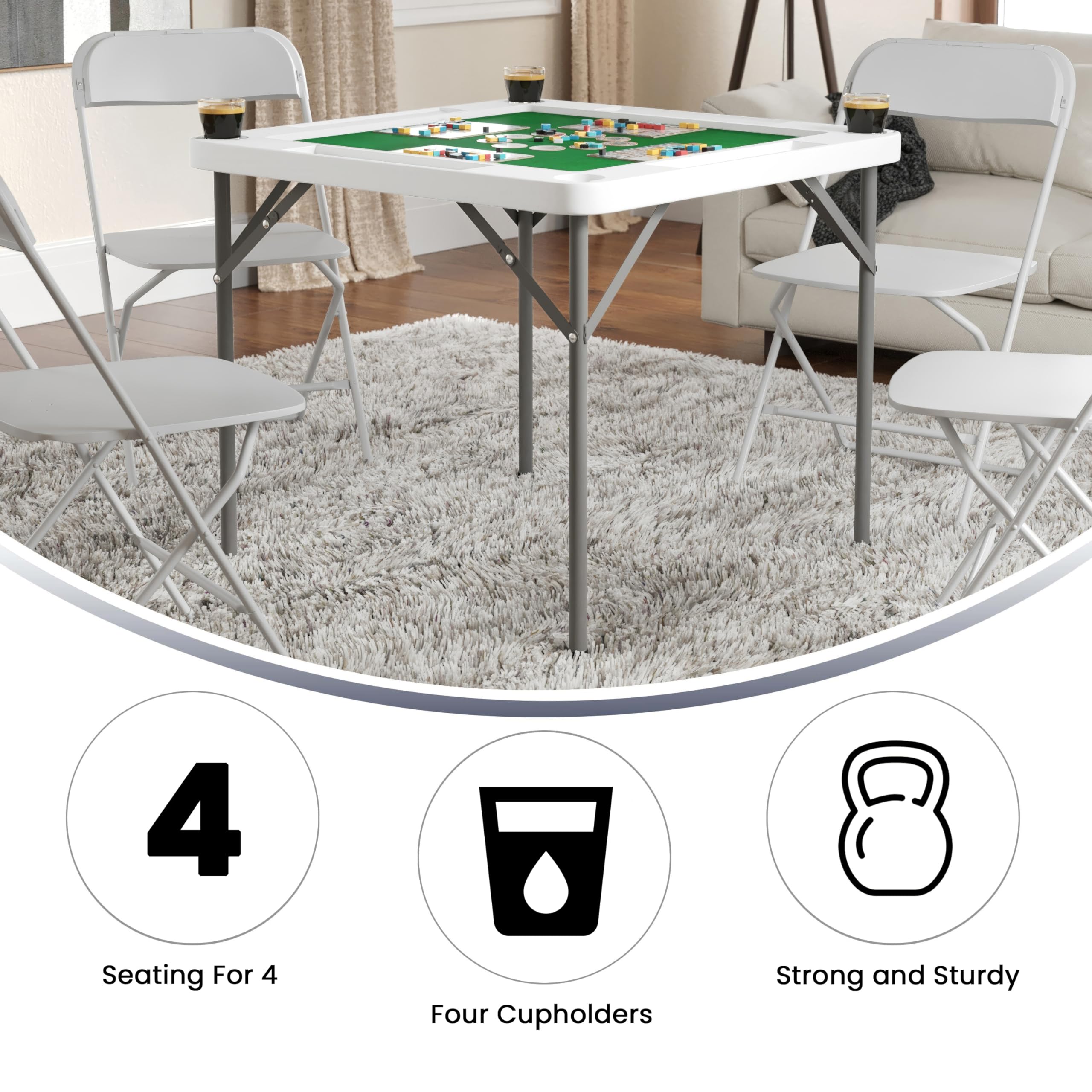 Flash Furniture Silas 34.5" Square Folding Card Table with Felt Green Surface and Cup Holders, Portable Folding Game Table for 4 Players, White/Green