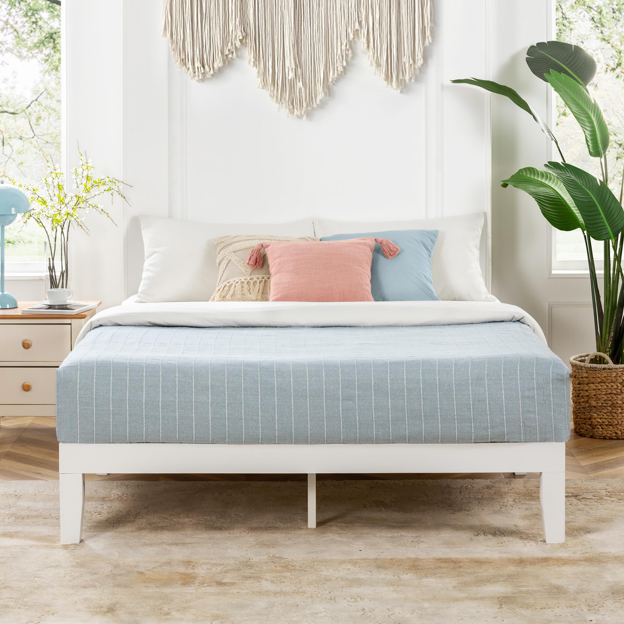 Mellow Naturalista Classic 12 Inch Solid Wood Platform Bed With Wooden Slats, Cal King, Whit