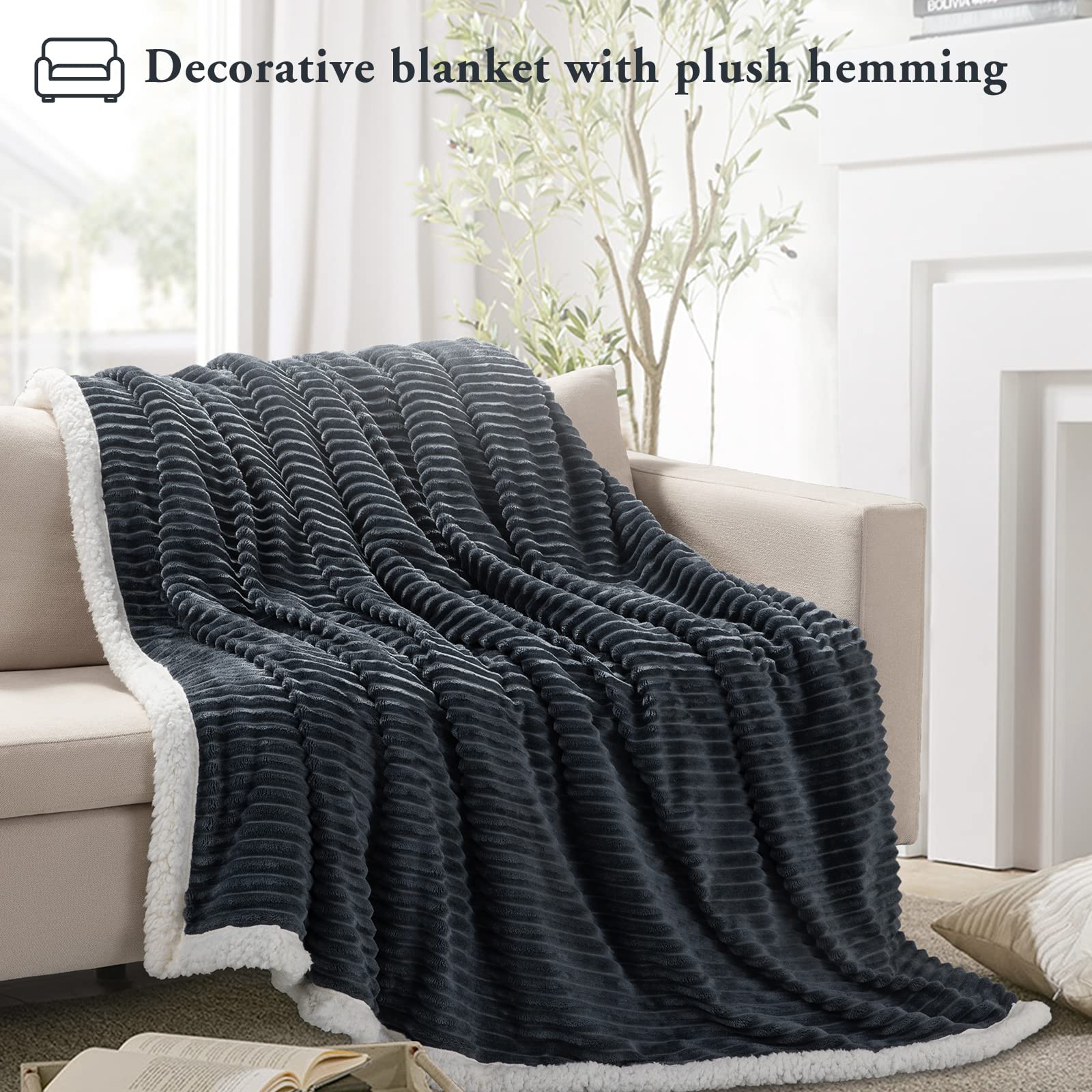 Lbro2M Striped Sherpa Fleece Bed Blanket King Size, Super Soft Fuzzy Plush Warm Cozy Fluffy Microfiber Couch Throw Velvet Double Reversible Luxurious Blankets (90X104), Dark Grey