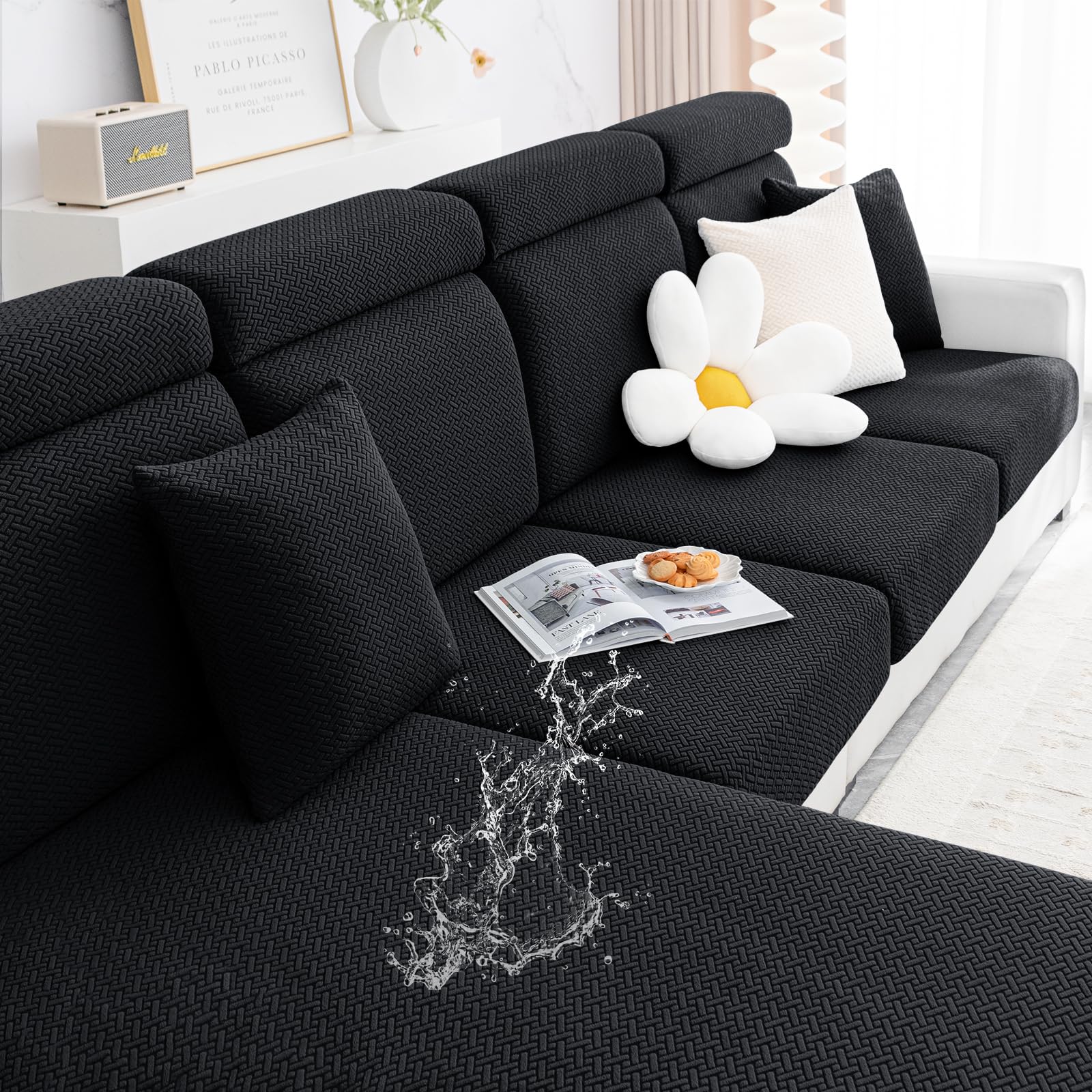 Smiry Waterproof Couch Cushion Covers, Stretch Jacquard Sectional Couch Covers, L Shape Sofa Cushion Covers, Washable Chaise Lounge Cover Elastic Furniture Protector (X-Large Chaise Cover, Black)