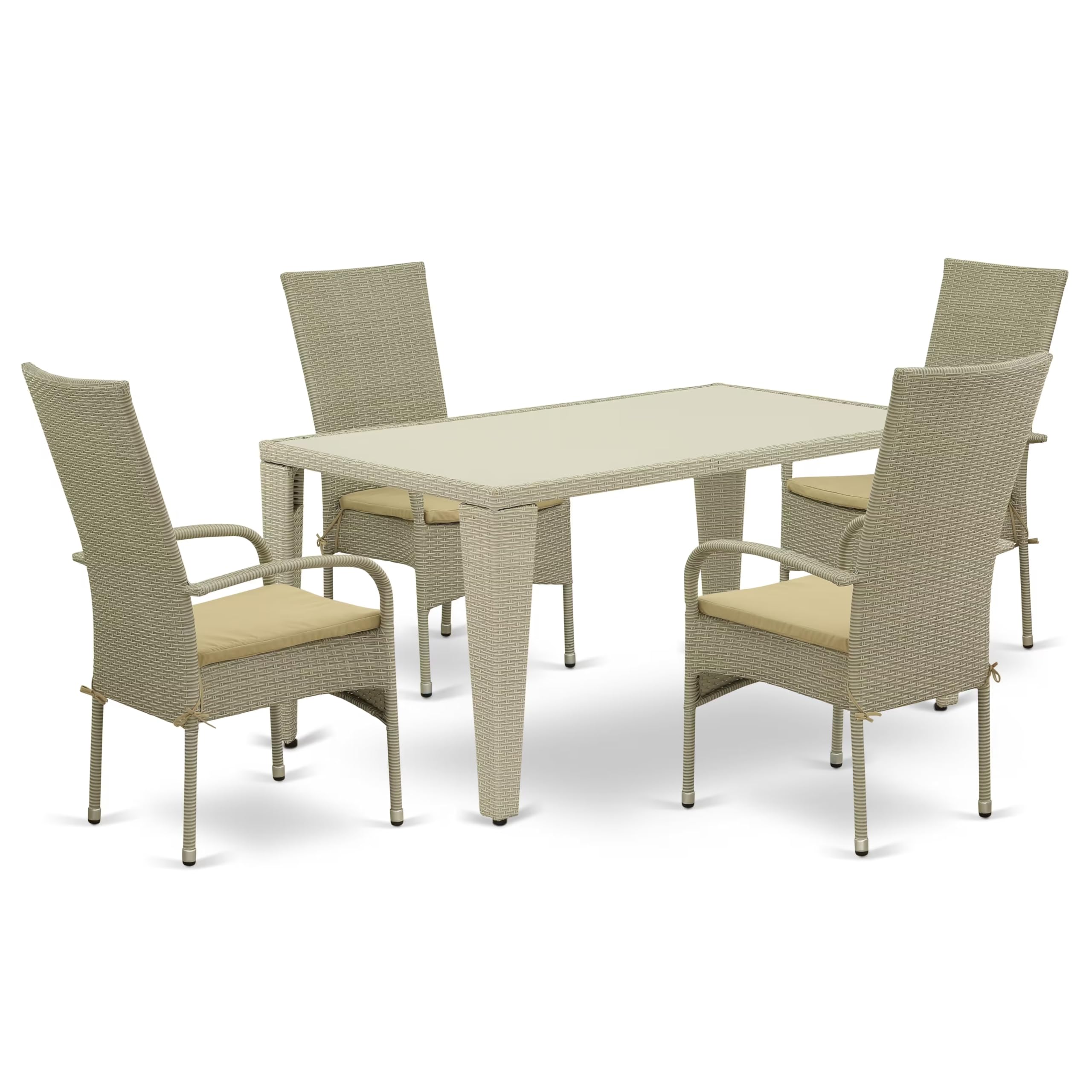 East West Furniture Guos5-03A 5 Piece Outdoor Patio Conversation Sets Includes A Rectangle Wicker Dining Table With Glass Top And 4 Balcony Backyard Armchair With Cushion, 36X60 Inch, Natural Linen