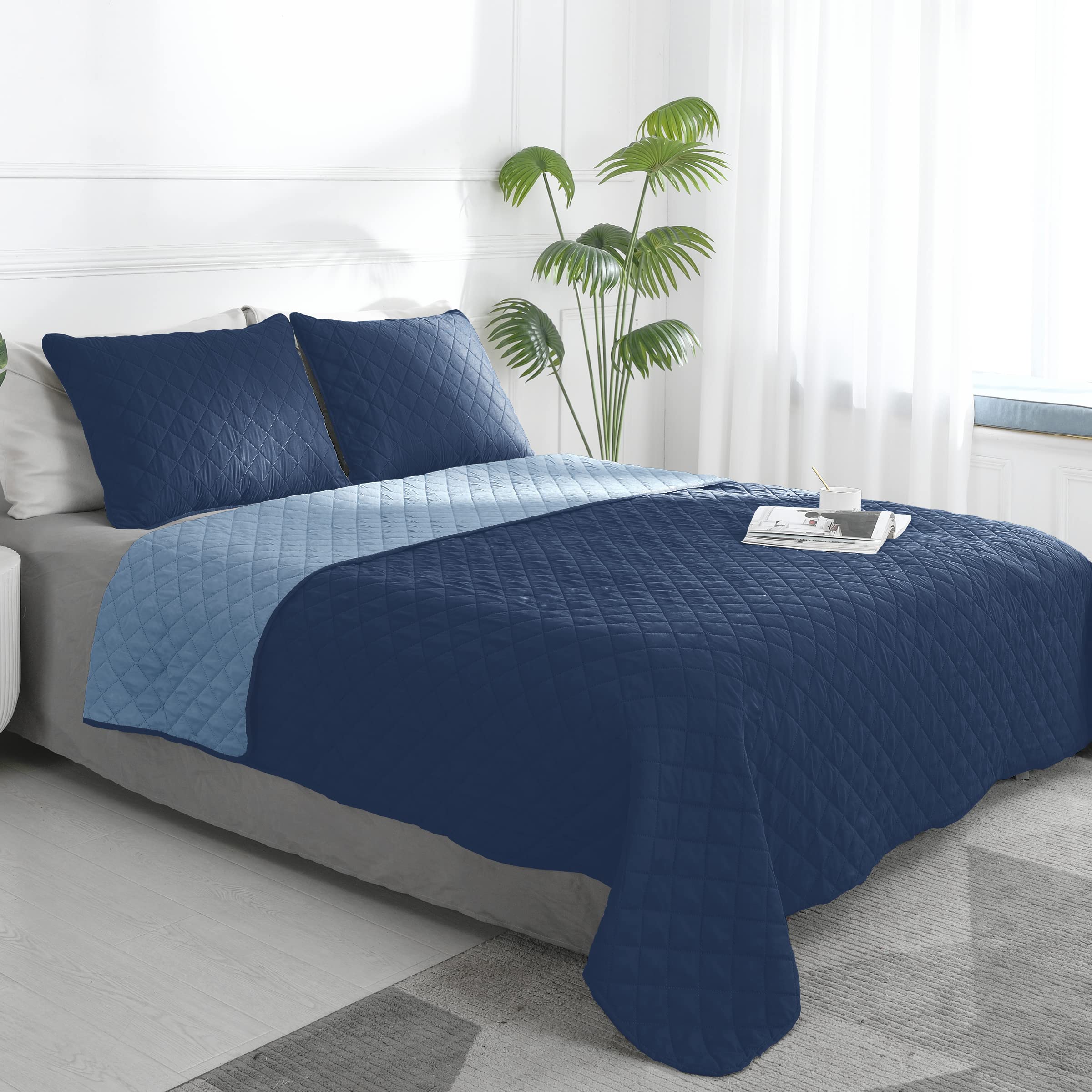 Easy-Going Twin Size Reversible Quilt Set With 1 Quilt And 1 Pillow Sham, Soft Bed Quilt Cover, Water Resistant Lightweight Microfiber Bedspread, Stain Resistant, Dark Blue/Light Blue