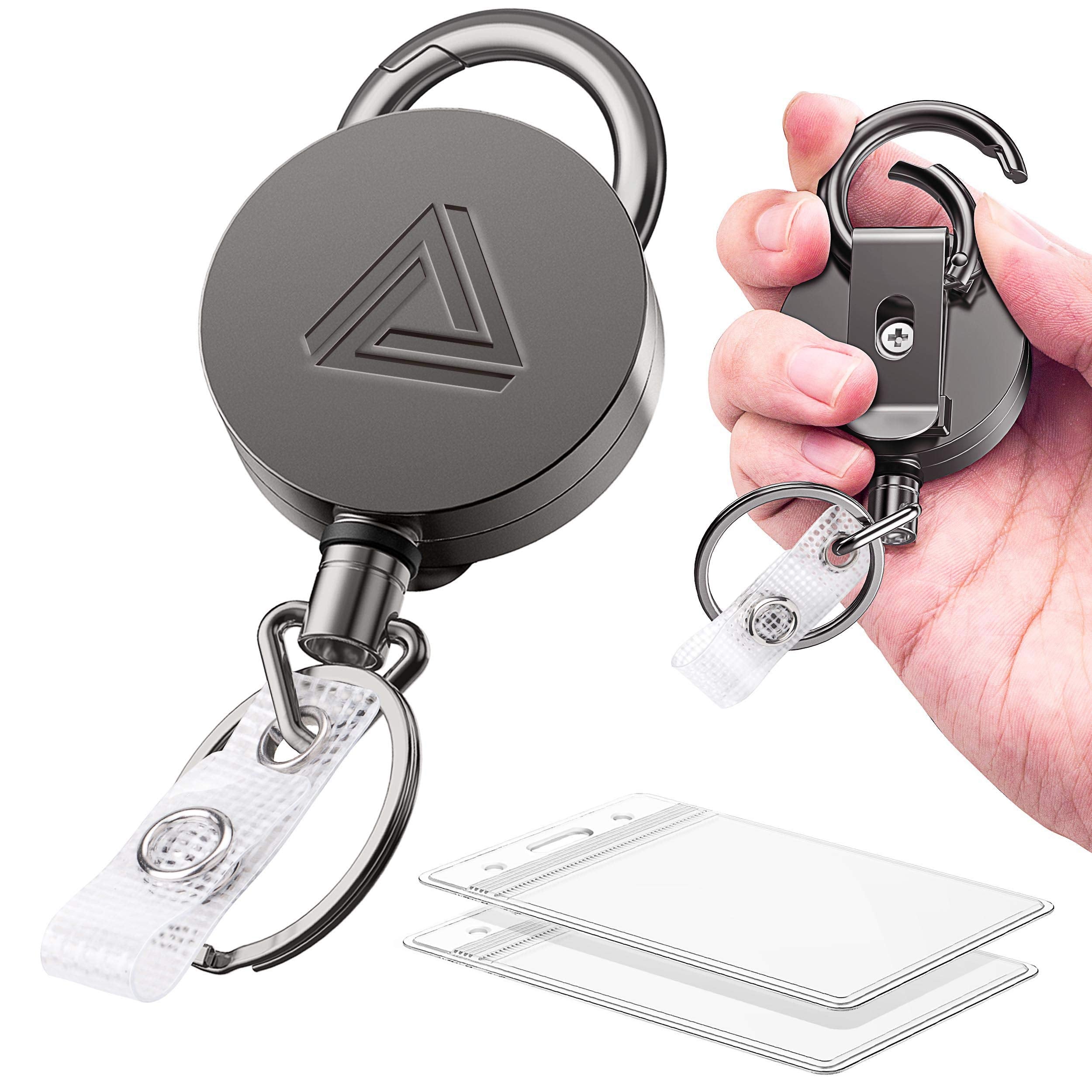 2 Pack Heavy Duty Metal Retractable Badge Holder Reel With Belt Clip Key Ring And Waterproof Vertical Clear Id Card Holder + 2 E
