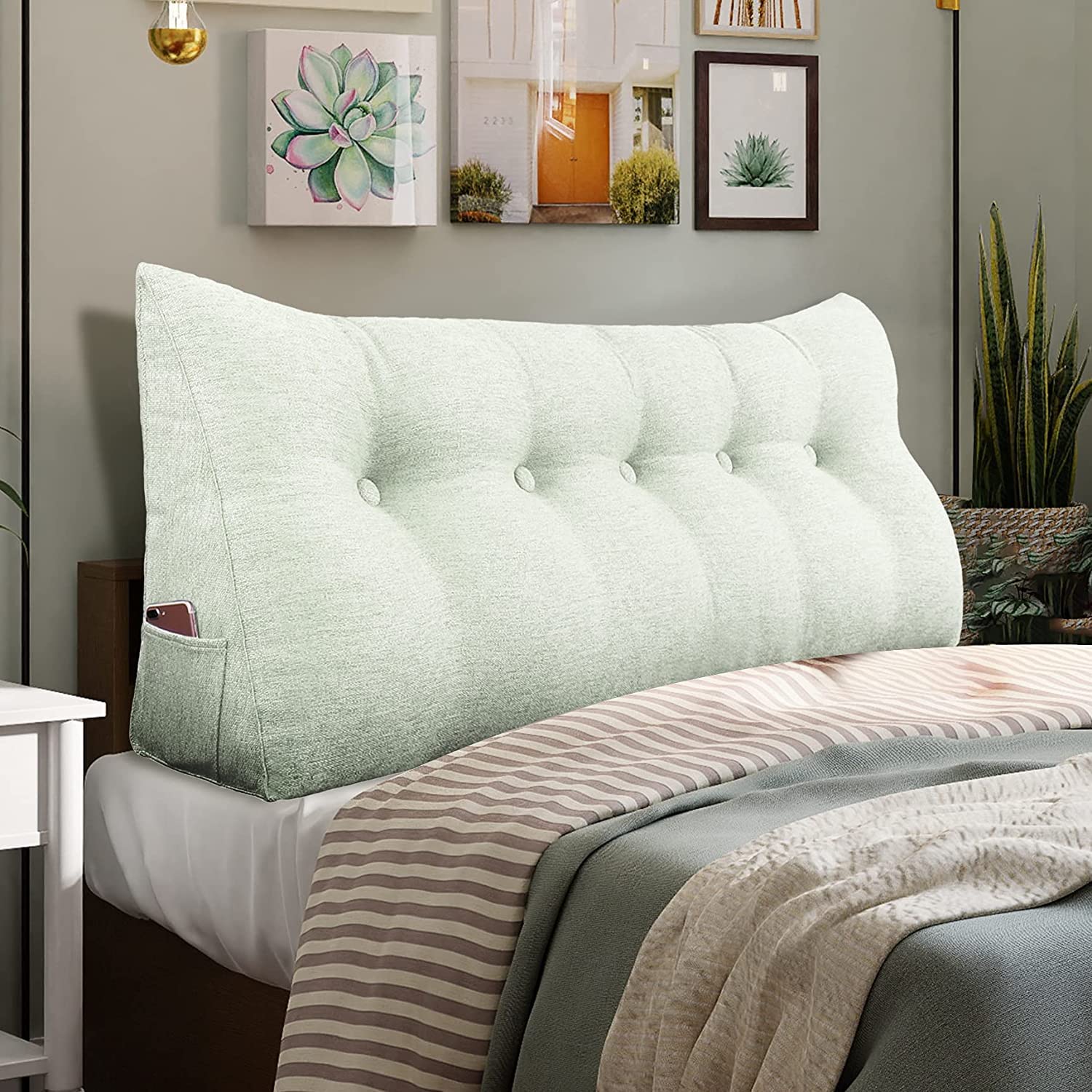 Wowmax Multifunctional Upholstered Headboard Pillow King, Button Tufted Headboard Pillows, Triangular Dorm Room Fabric Head Boar
