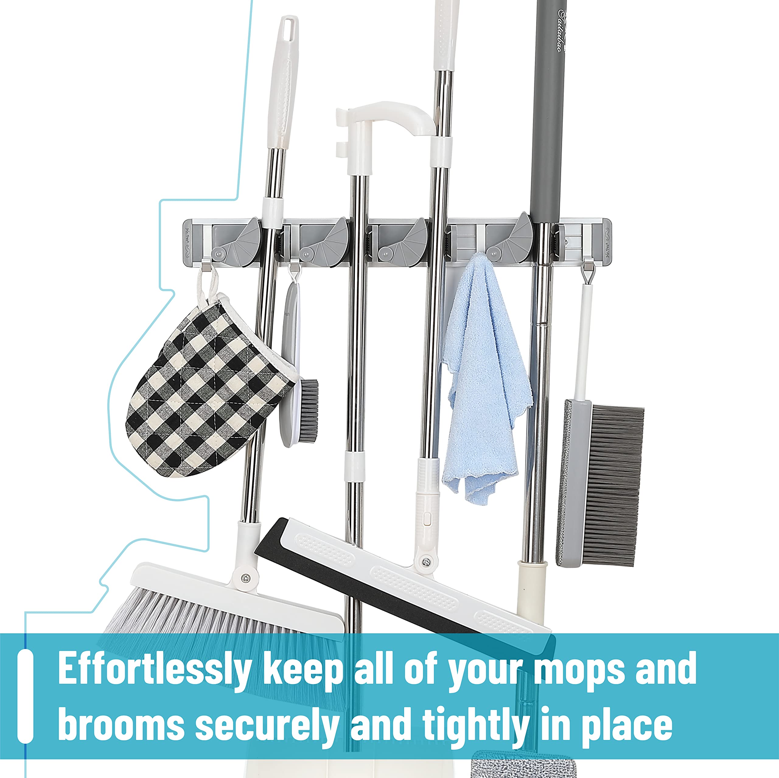 Mr. Pen Mop and Broom Holder Wall Mount - 4 Positions, 4 Hooks, Aluminum Organizer